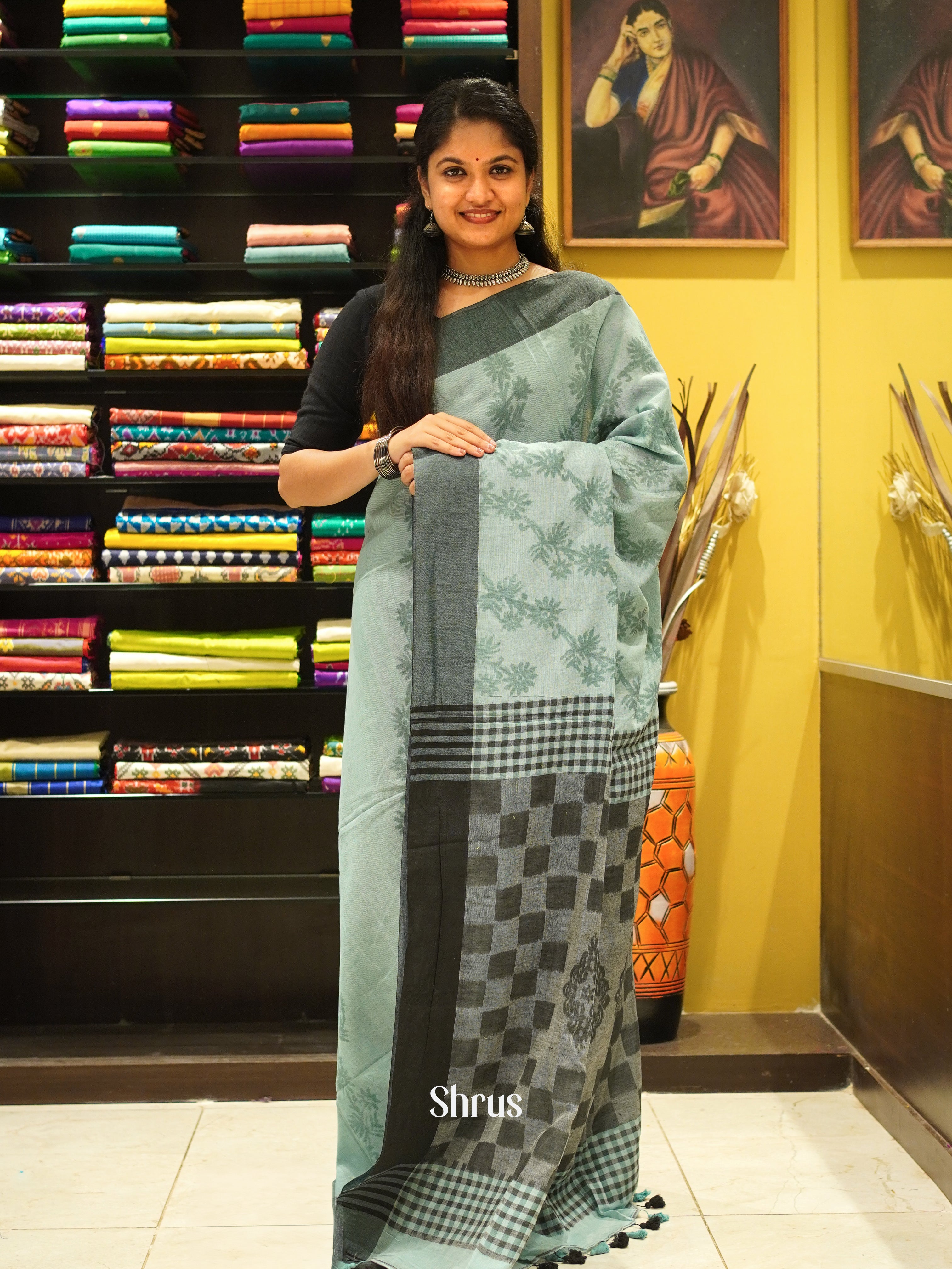 Blue & Grey - Semi Ikkat Saree - Shop on ShrusEternity.com