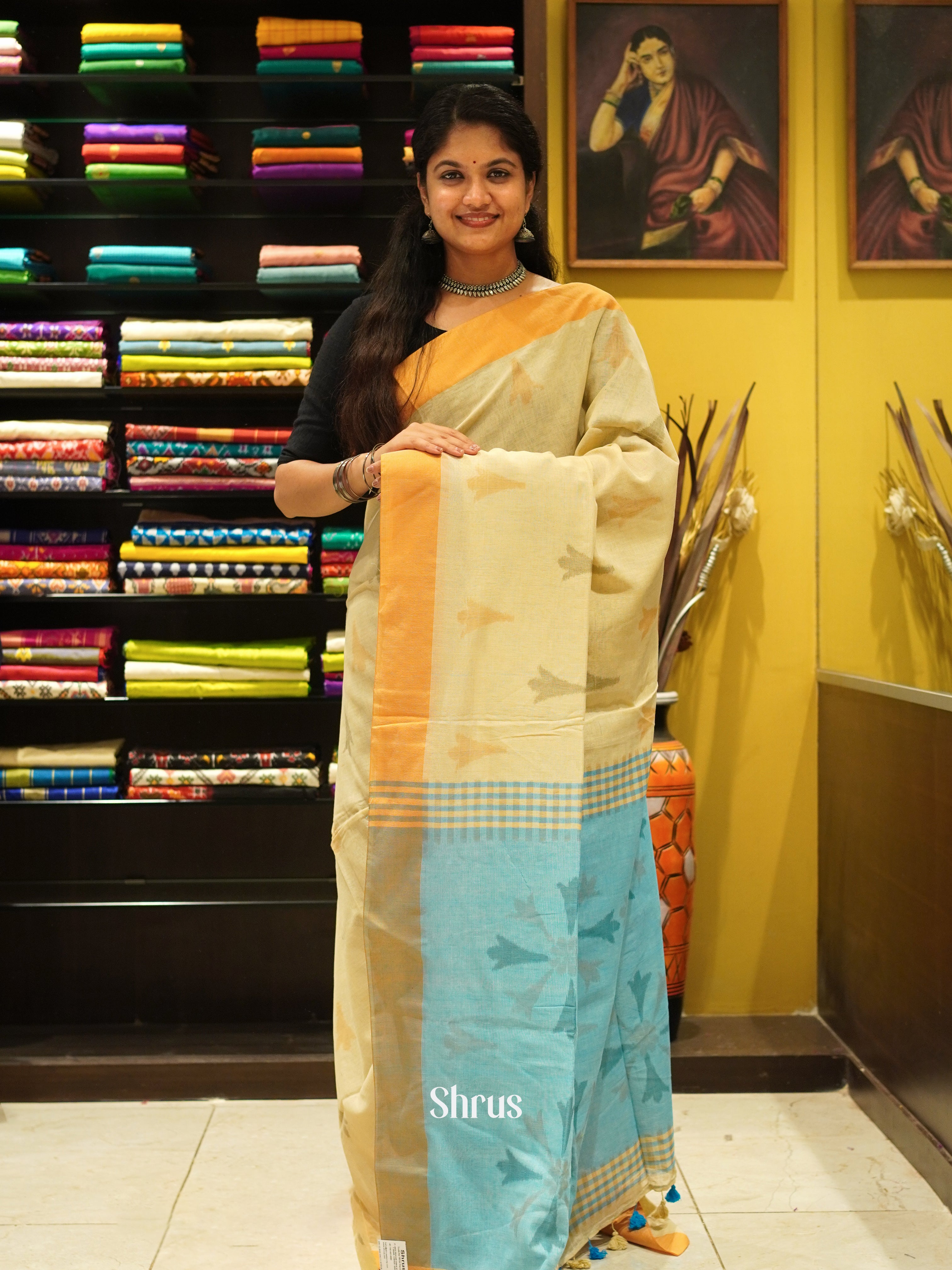 Yellow & Blue - Semi Ikkat Saree - Shop on ShrusEternity.com