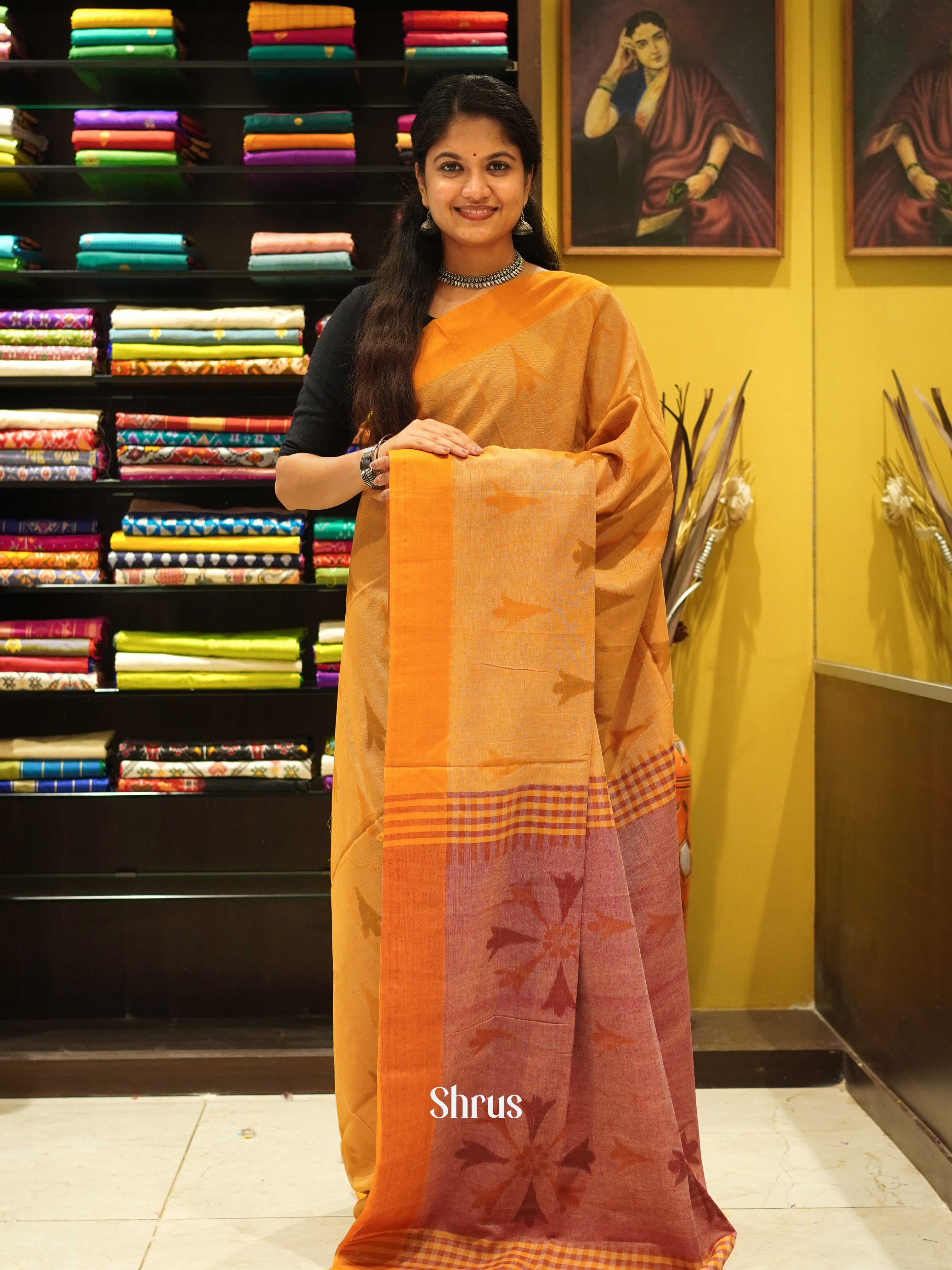 Orange & Brown - Semi Ikkat Saree - Shop on ShrusEternity.com