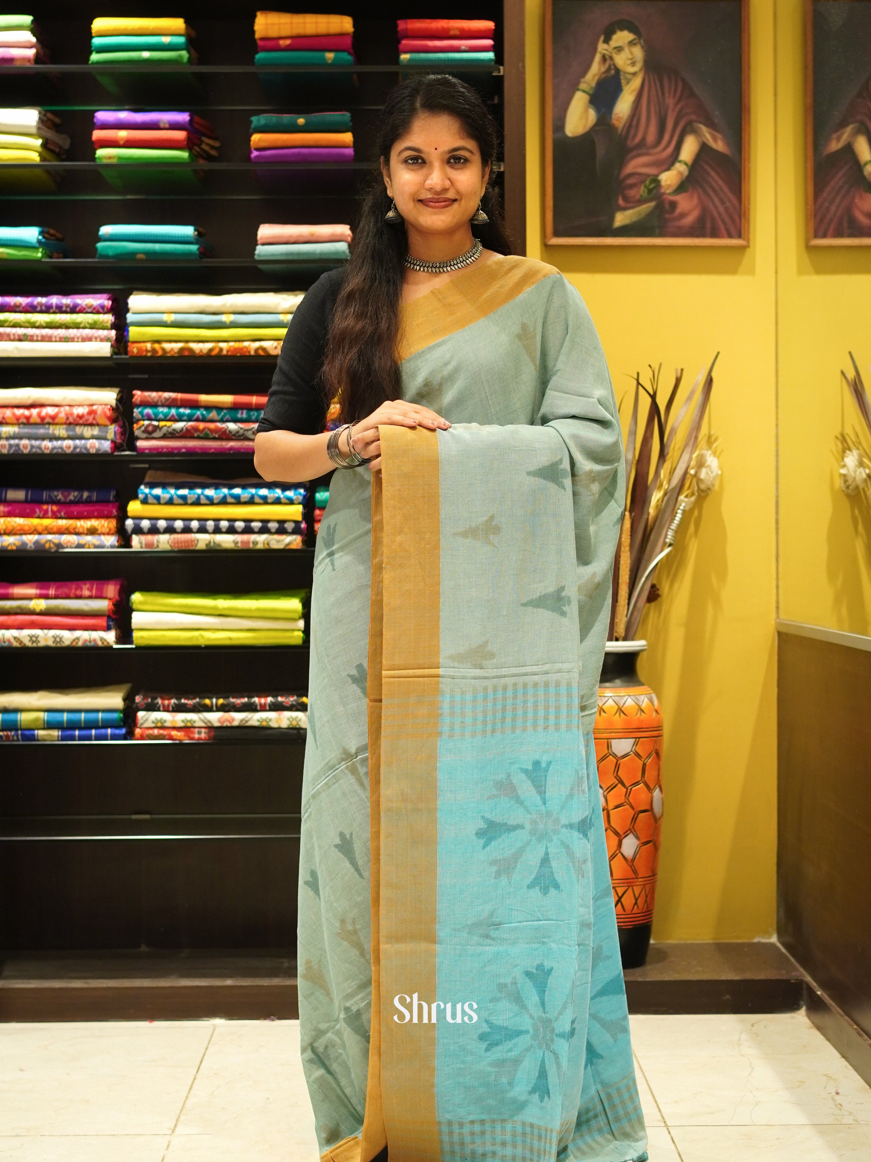 Greyish Green & Blue - Semi Ikkat Saree - Shop on ShrusEternity.com