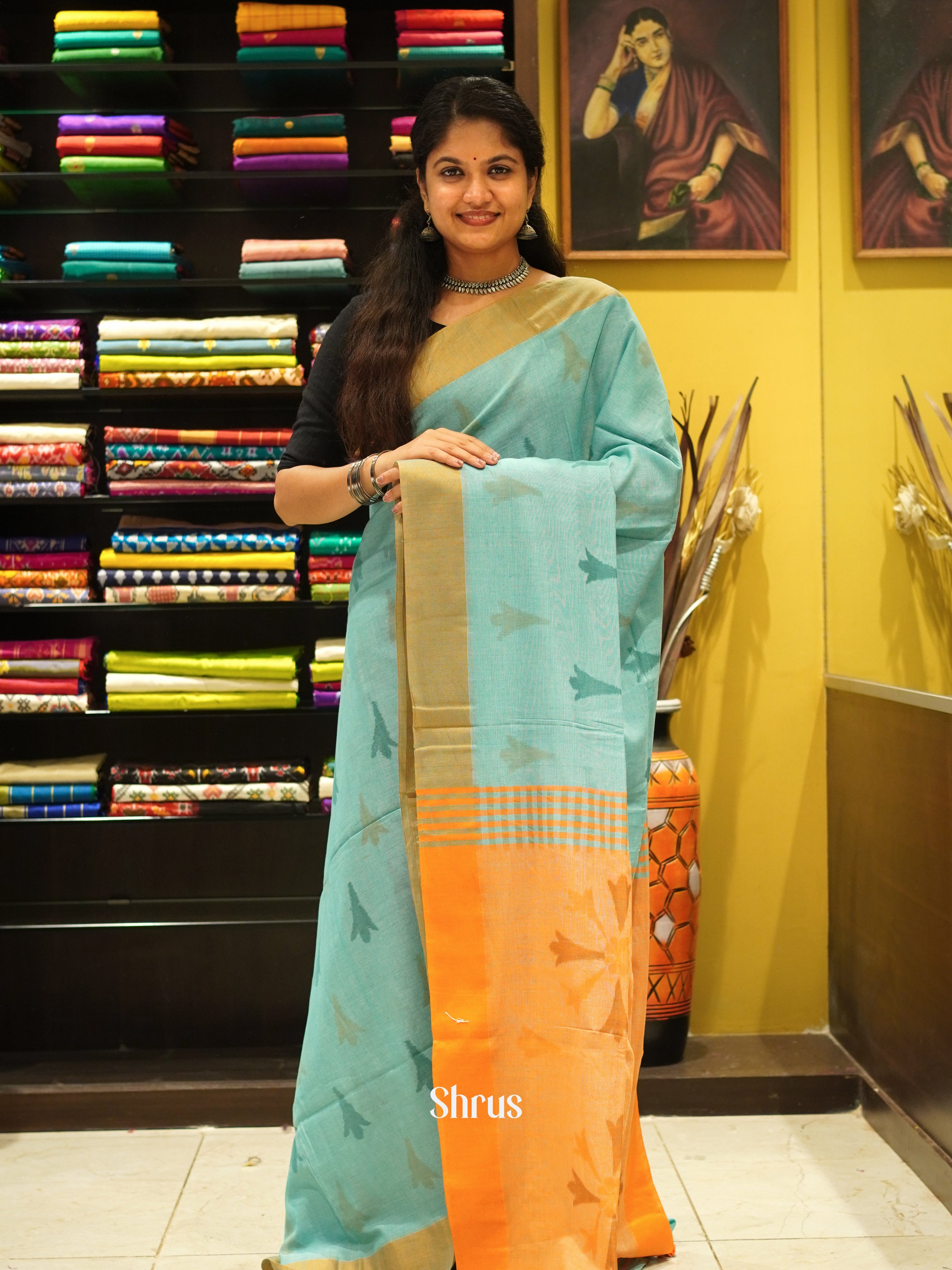 Blue & Orange - Semi Ikkat Saree - Shop on ShrusEternity.com