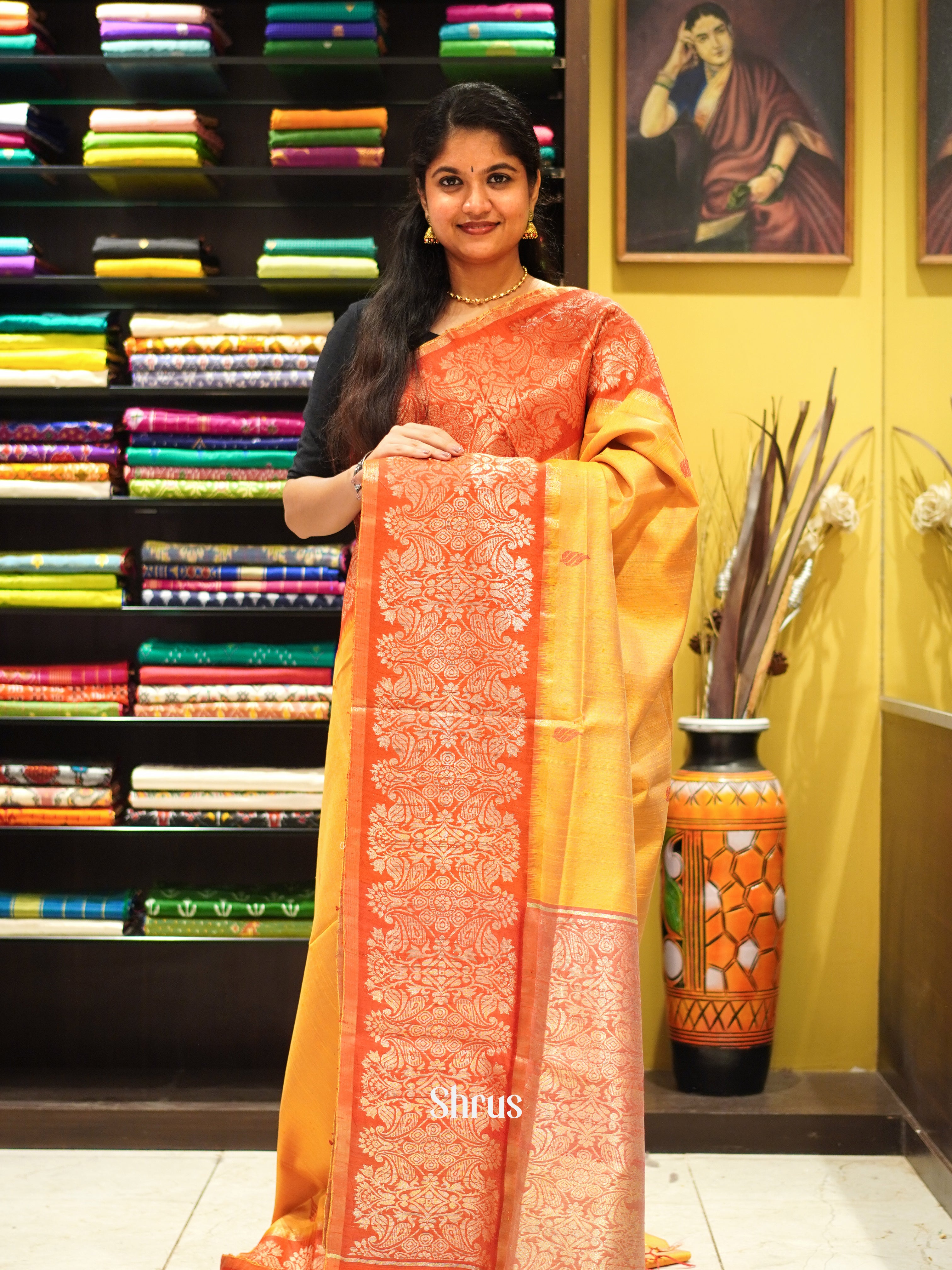 Yellow & Red - Raw Silk Saree - Shop on ShrusEternity.com