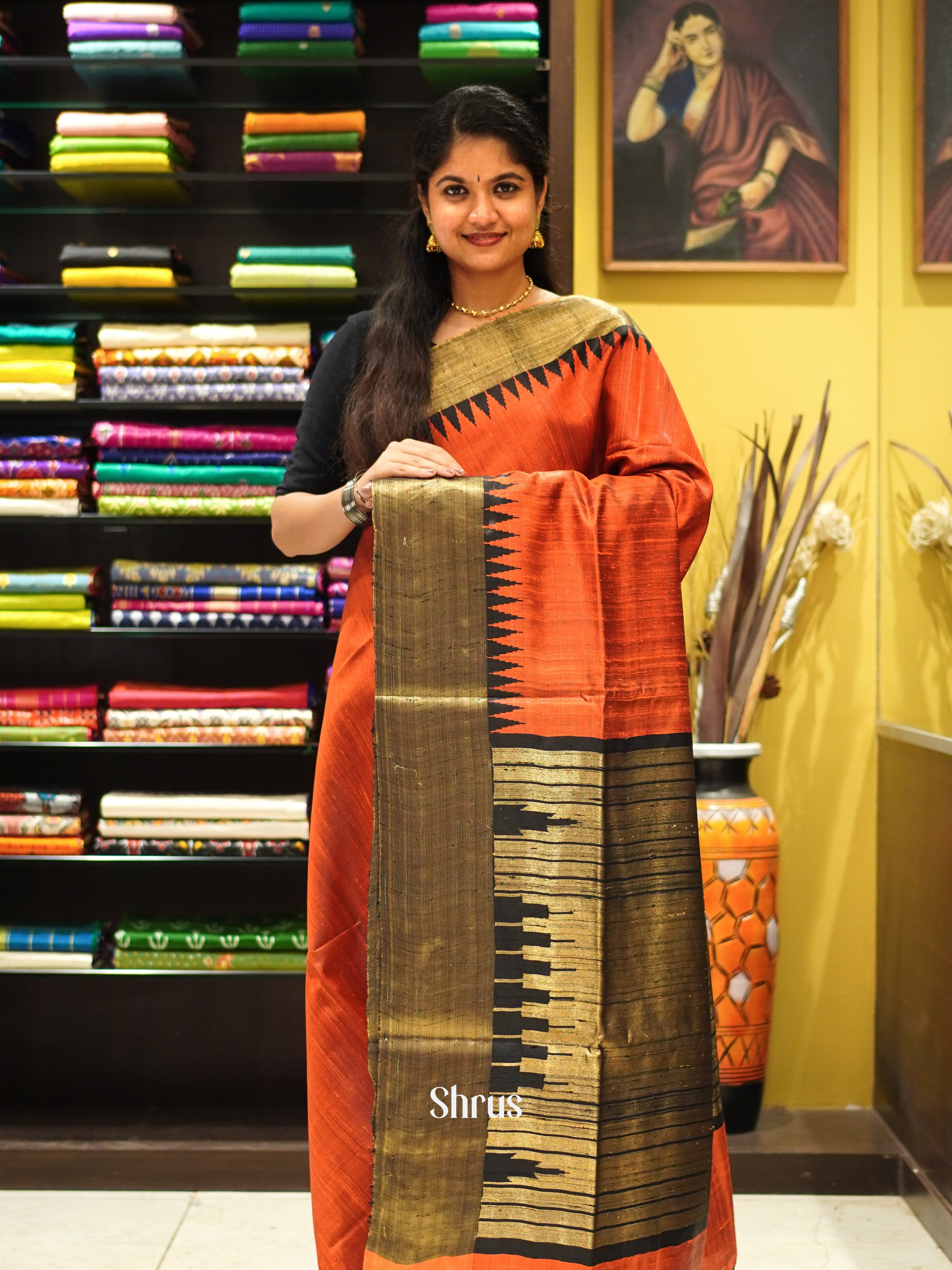 Orange & Black - Raw Silk Saree - Shop on ShrusEternity.com