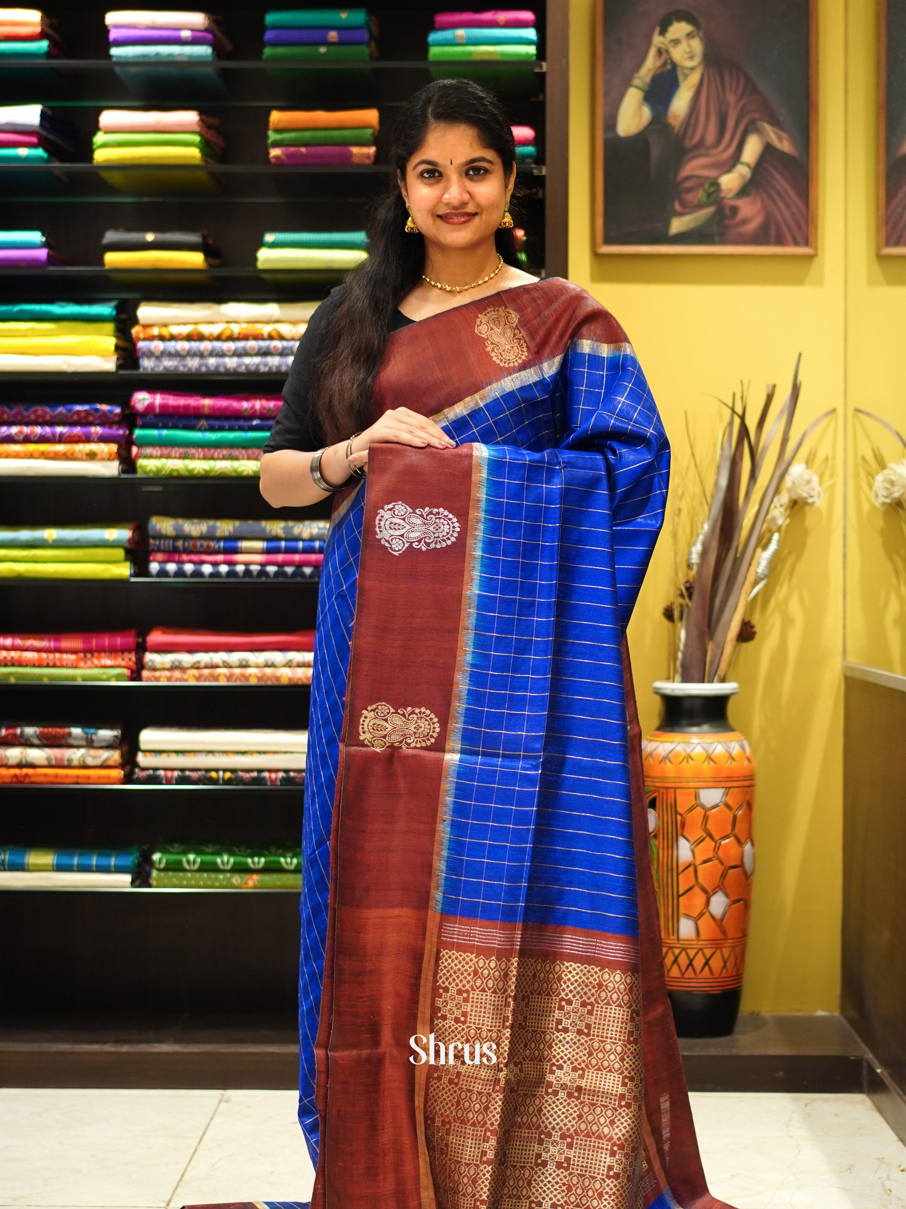 Blue & Brown - Raw Silk Saree - Shop on ShrusEternity.com