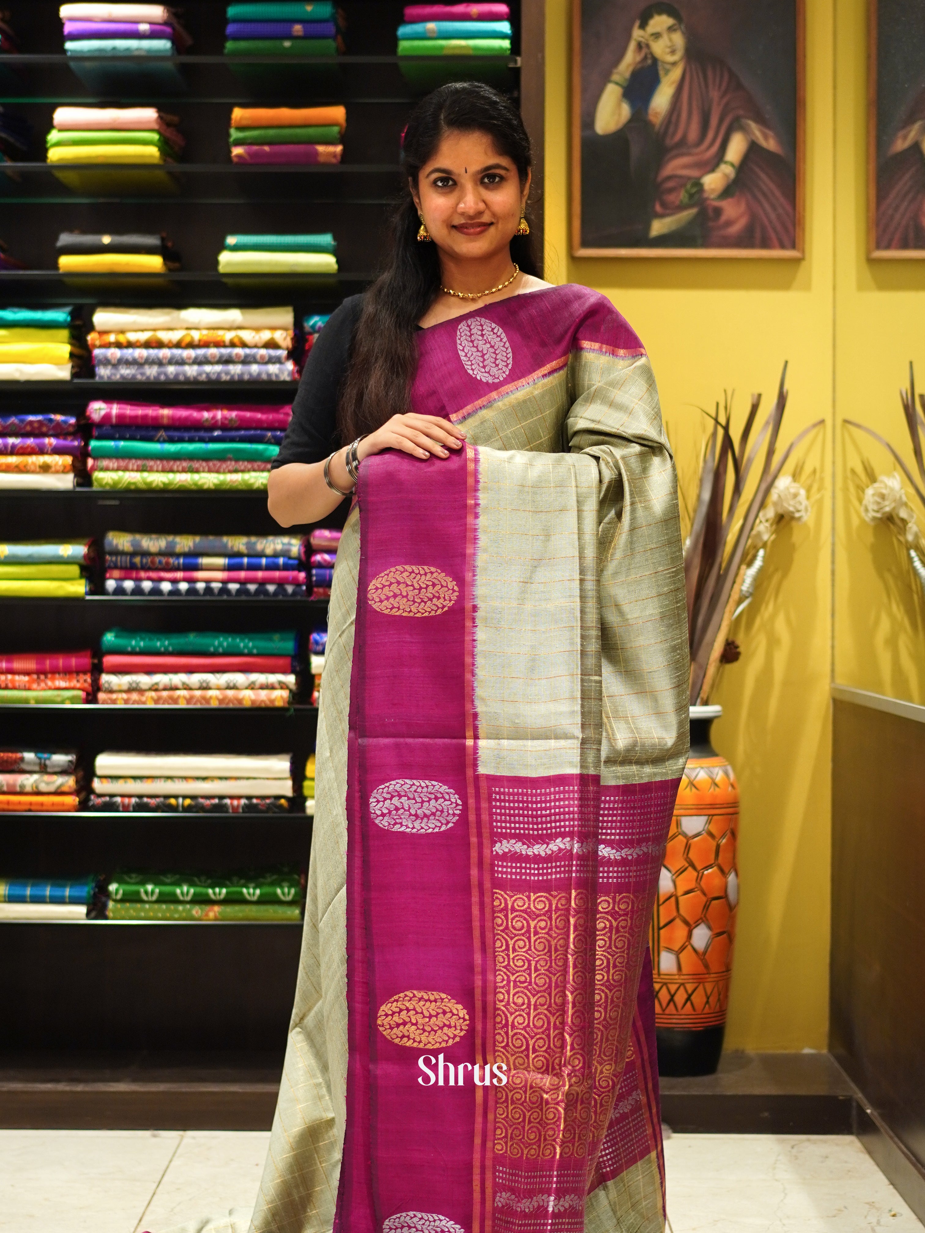 Grey & Majenta- Raw Silk Saree - Shop on ShrusEternity.com