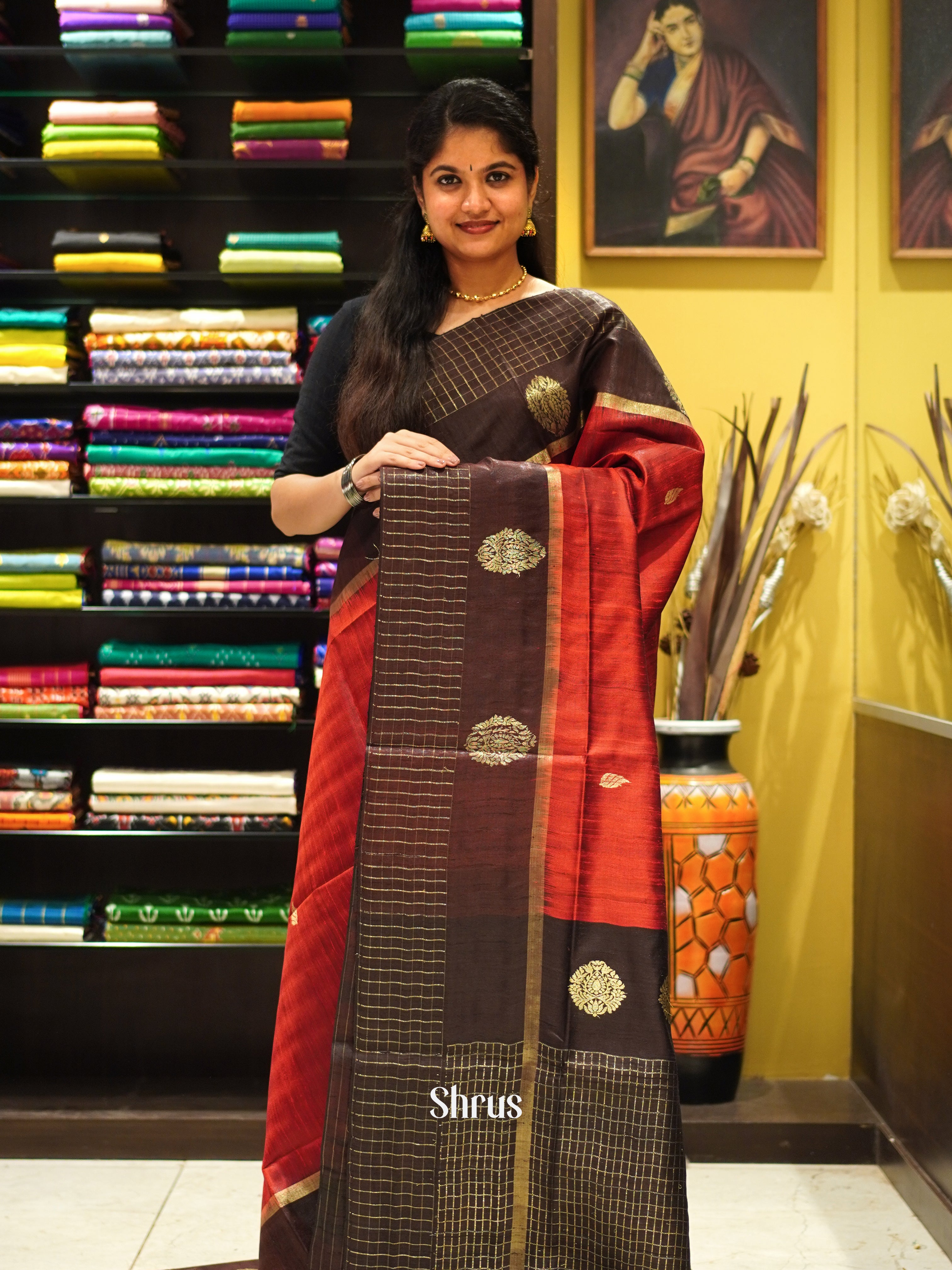 Red & Black - Raw Silk Saree - Shop on ShrusEternity.com