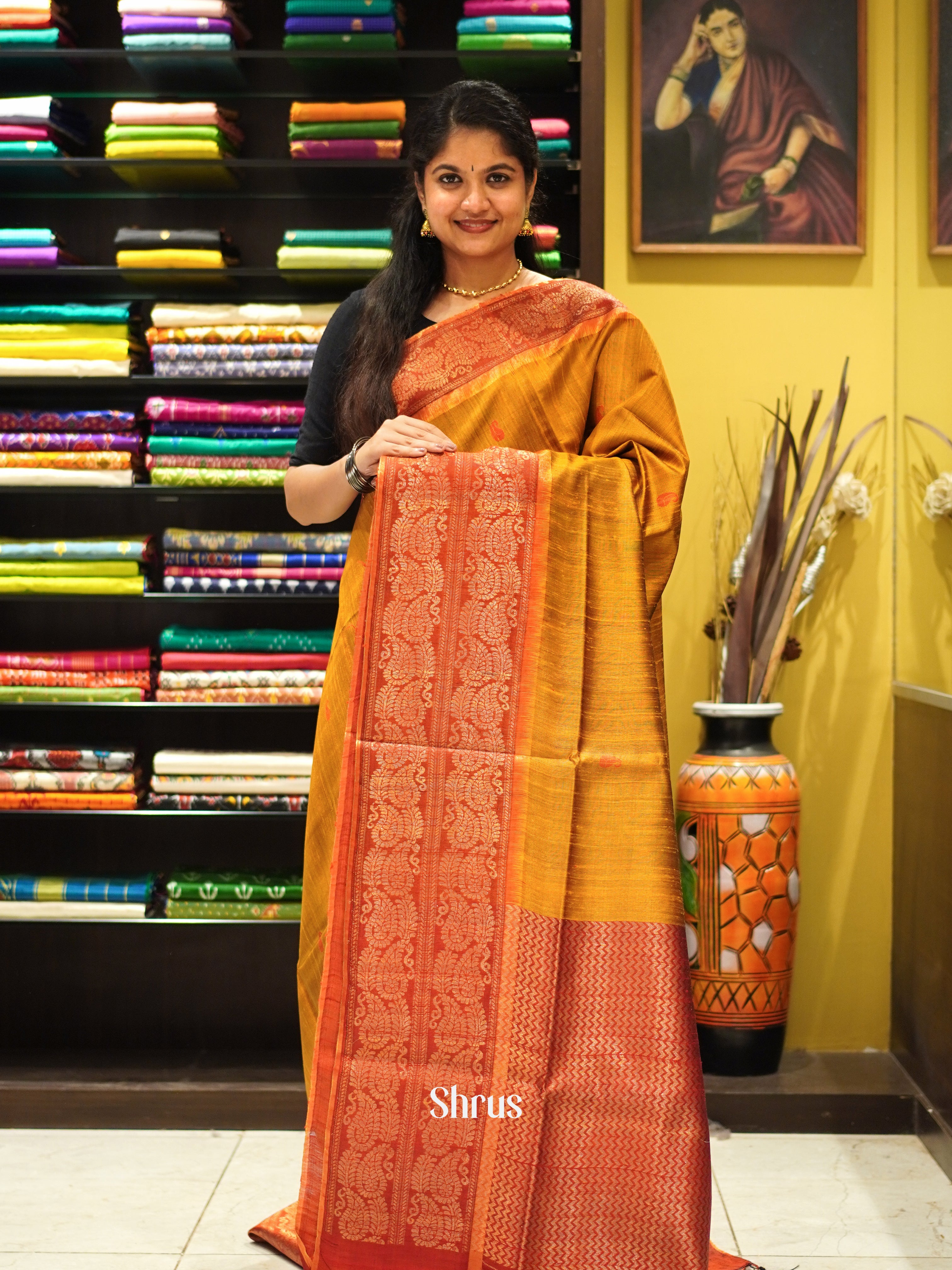 Mustard & Red - Raw Silk Saree - Shop on ShrusEternity.com