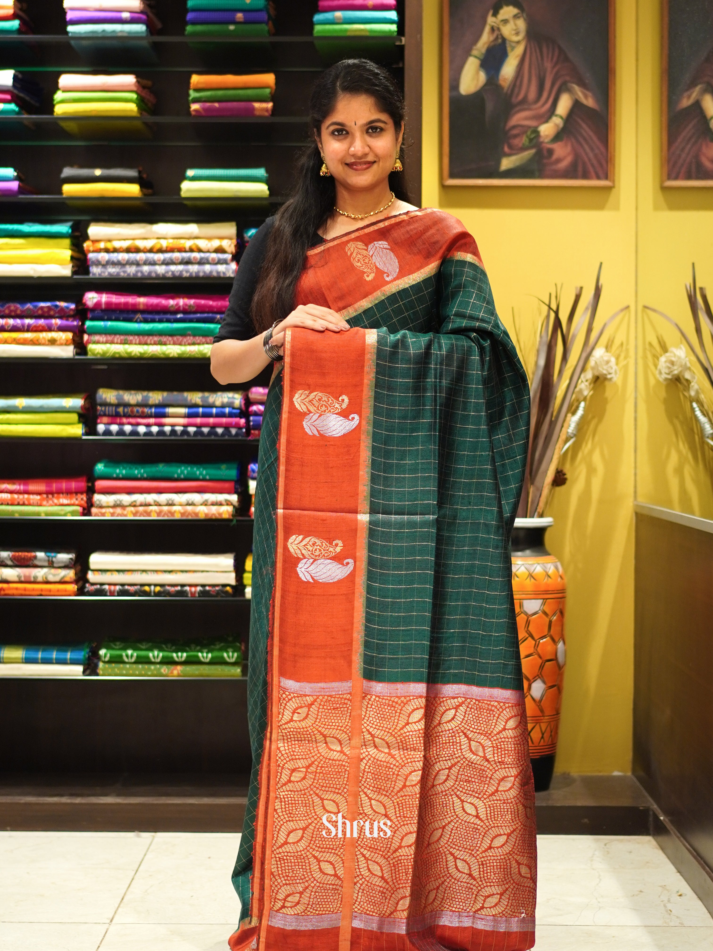 Green & Red - Raw Silk Saree - Shop on ShrusEternity.com