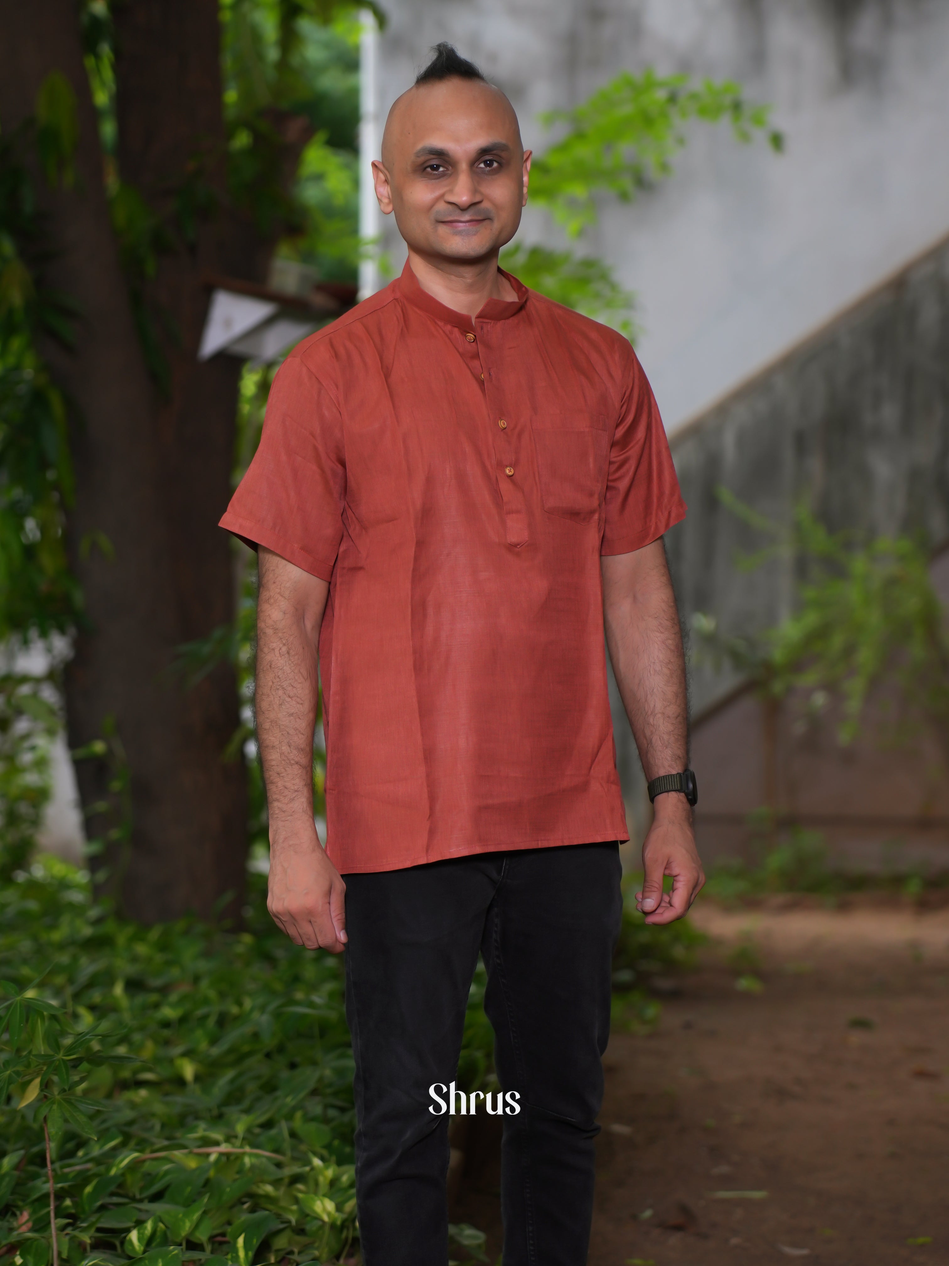 Brick Red   - Readymade Mens Short Kurta