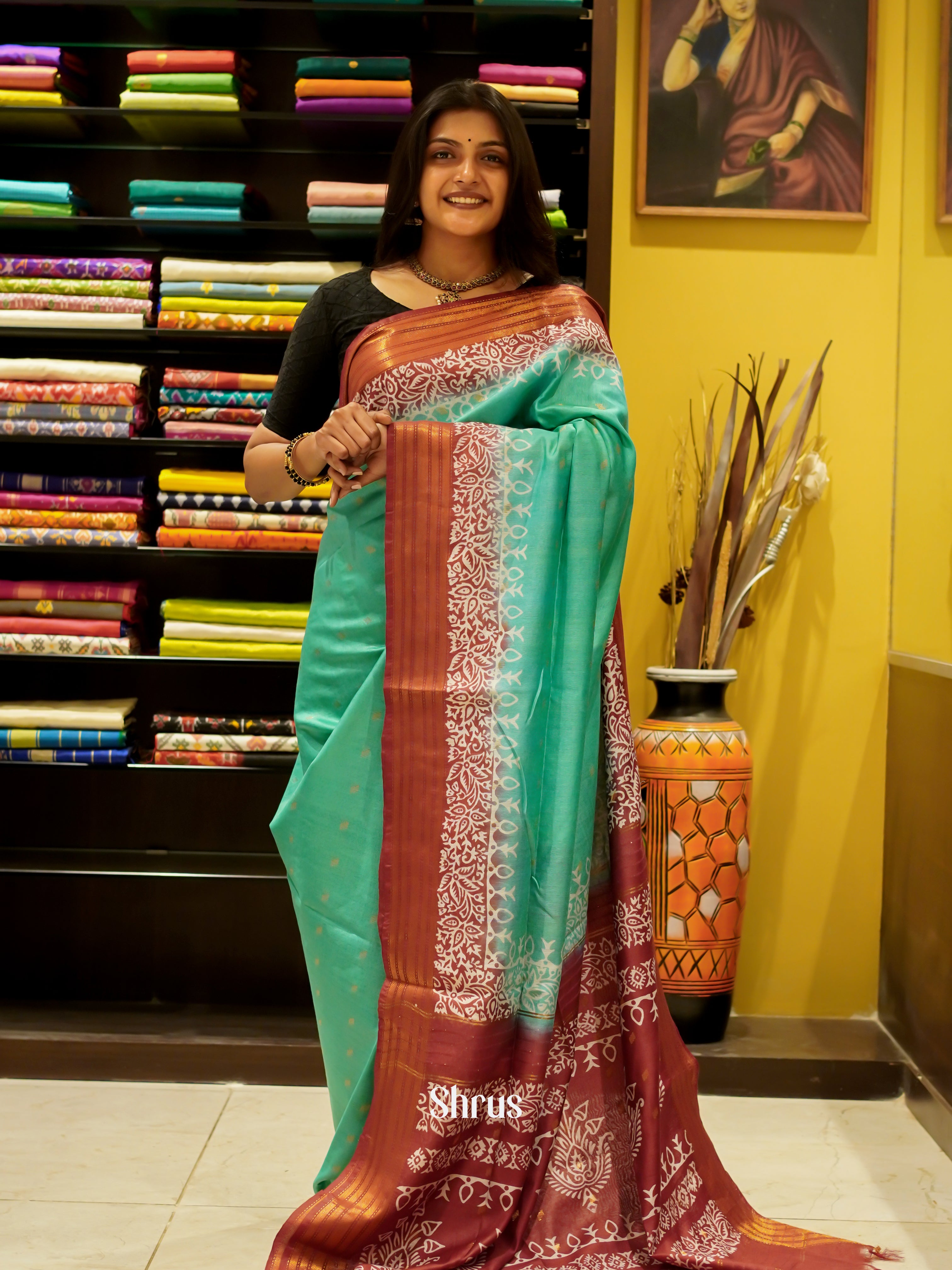 Green & Red - Semi Tussar Saree - Shop on ShrusEternity.com