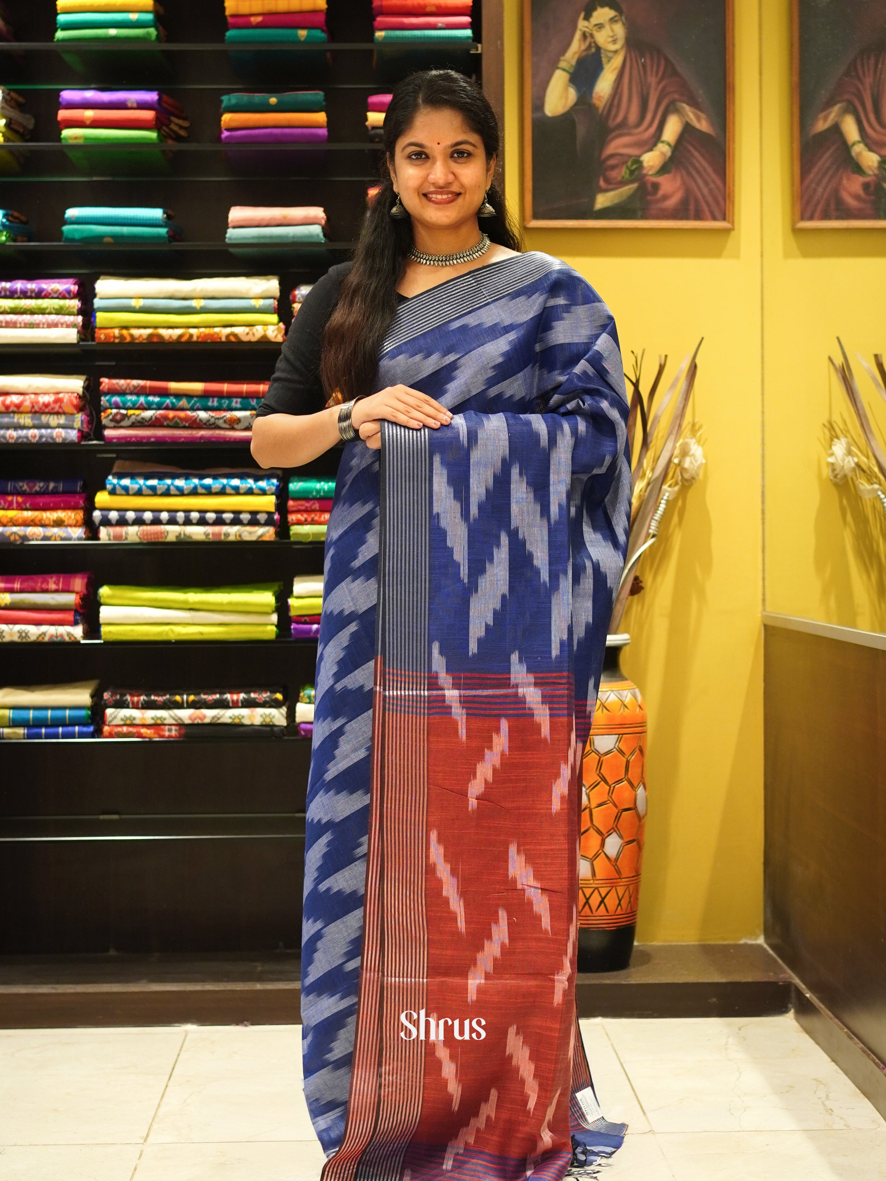 Blue & Red - Semi Ikkat Saree - Shop on ShrusEternity.com