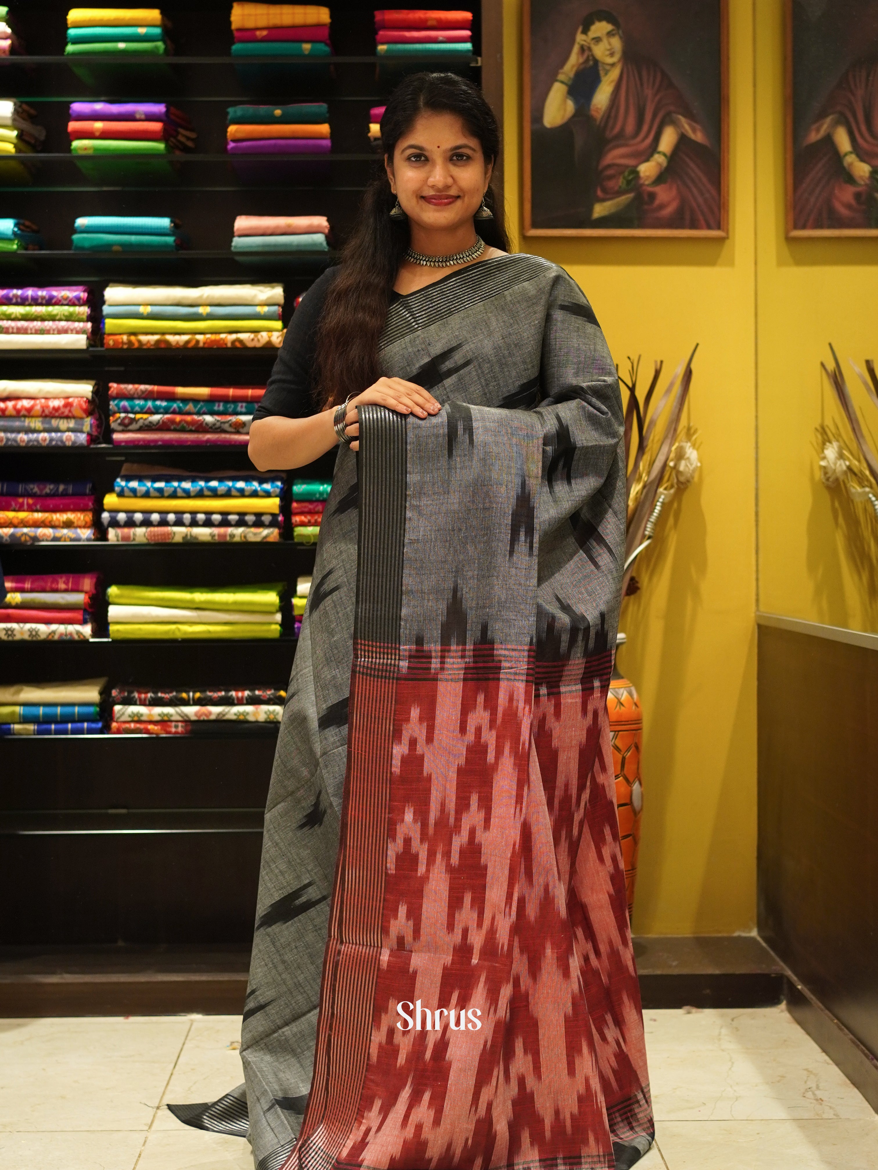 Grey & Red- Semi Ikkat Saree - Shop on ShrusEternity.com