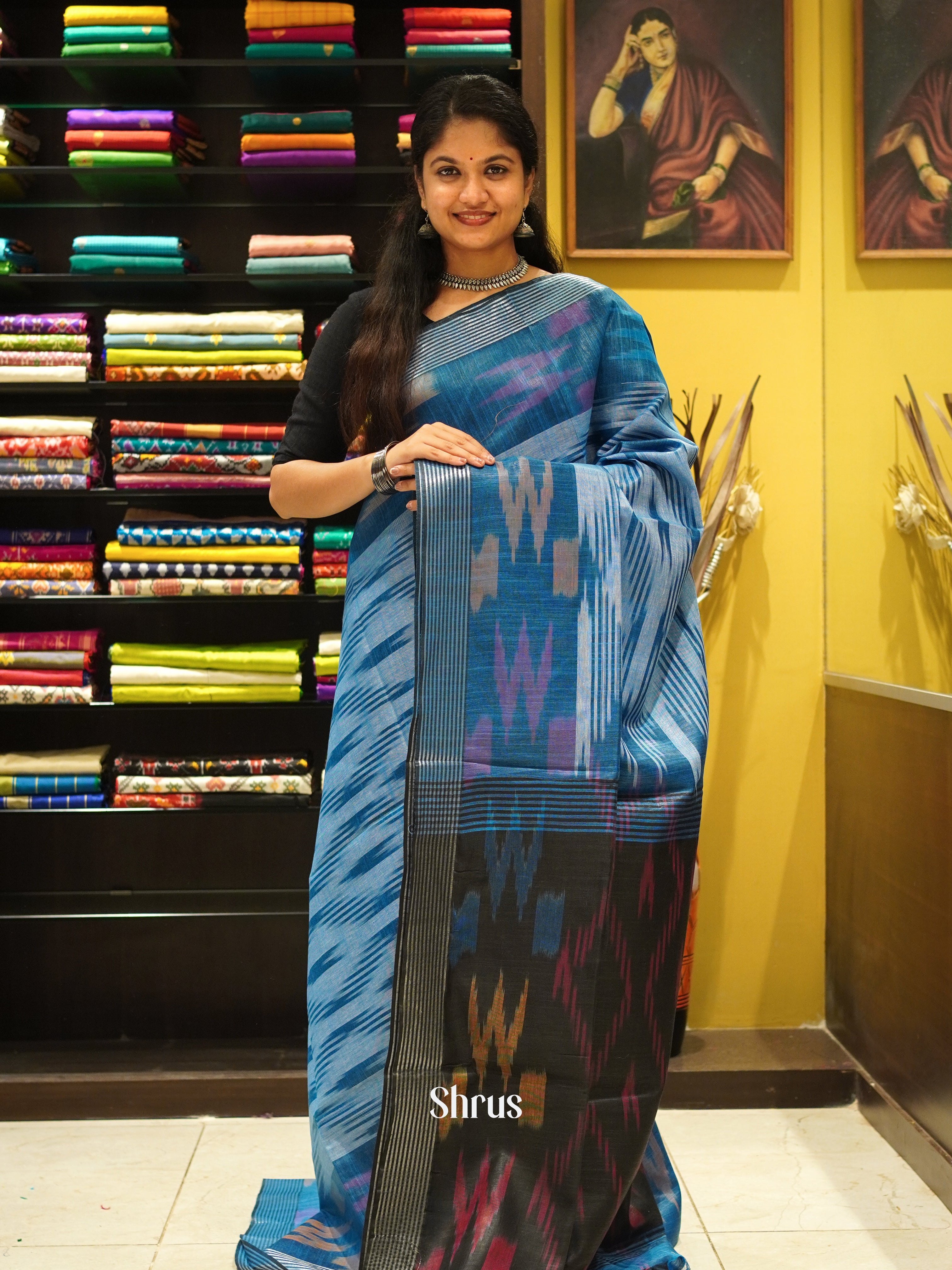 Blue & Black - Semi Ikkat Saree - Shop on ShrusEternity.com