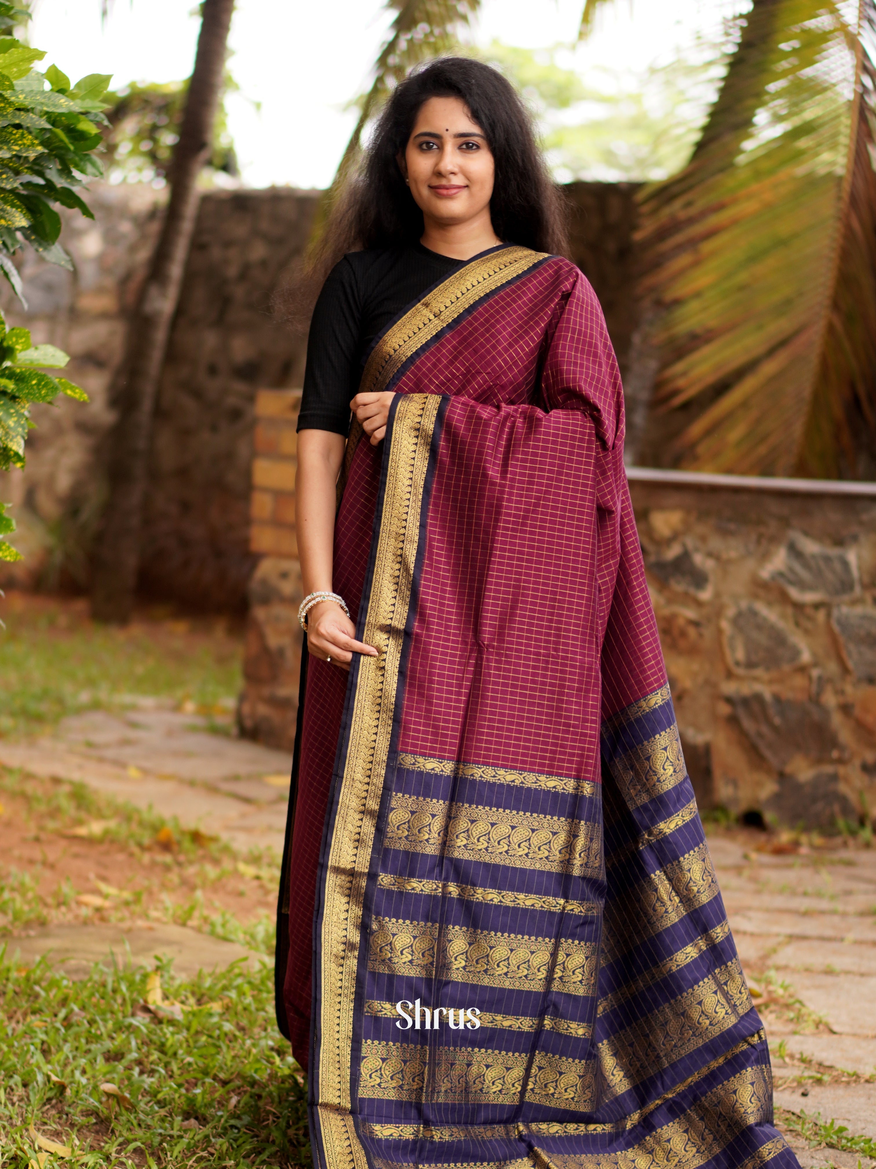 Maroon & Violet - Kalyani Cotton Saree