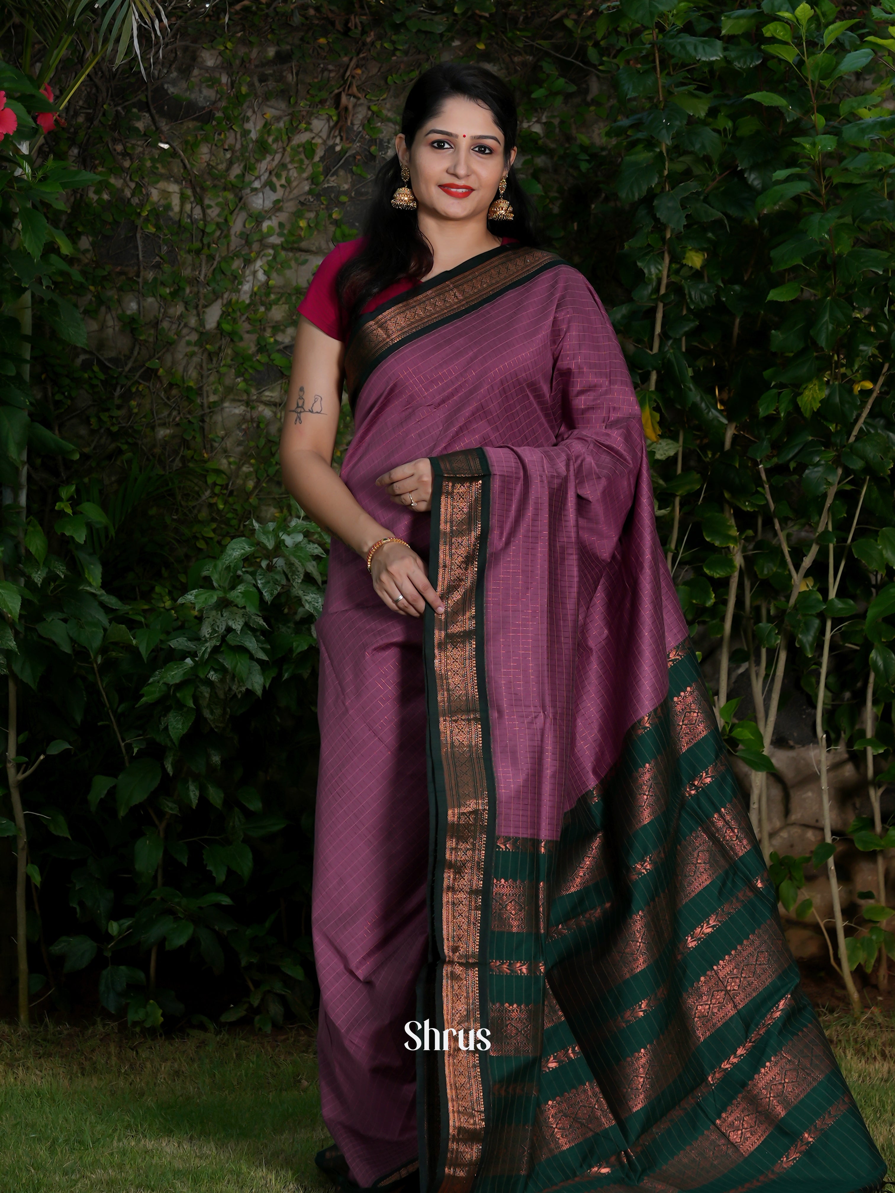 Purple  & Green - Kalyani Cotton Saree