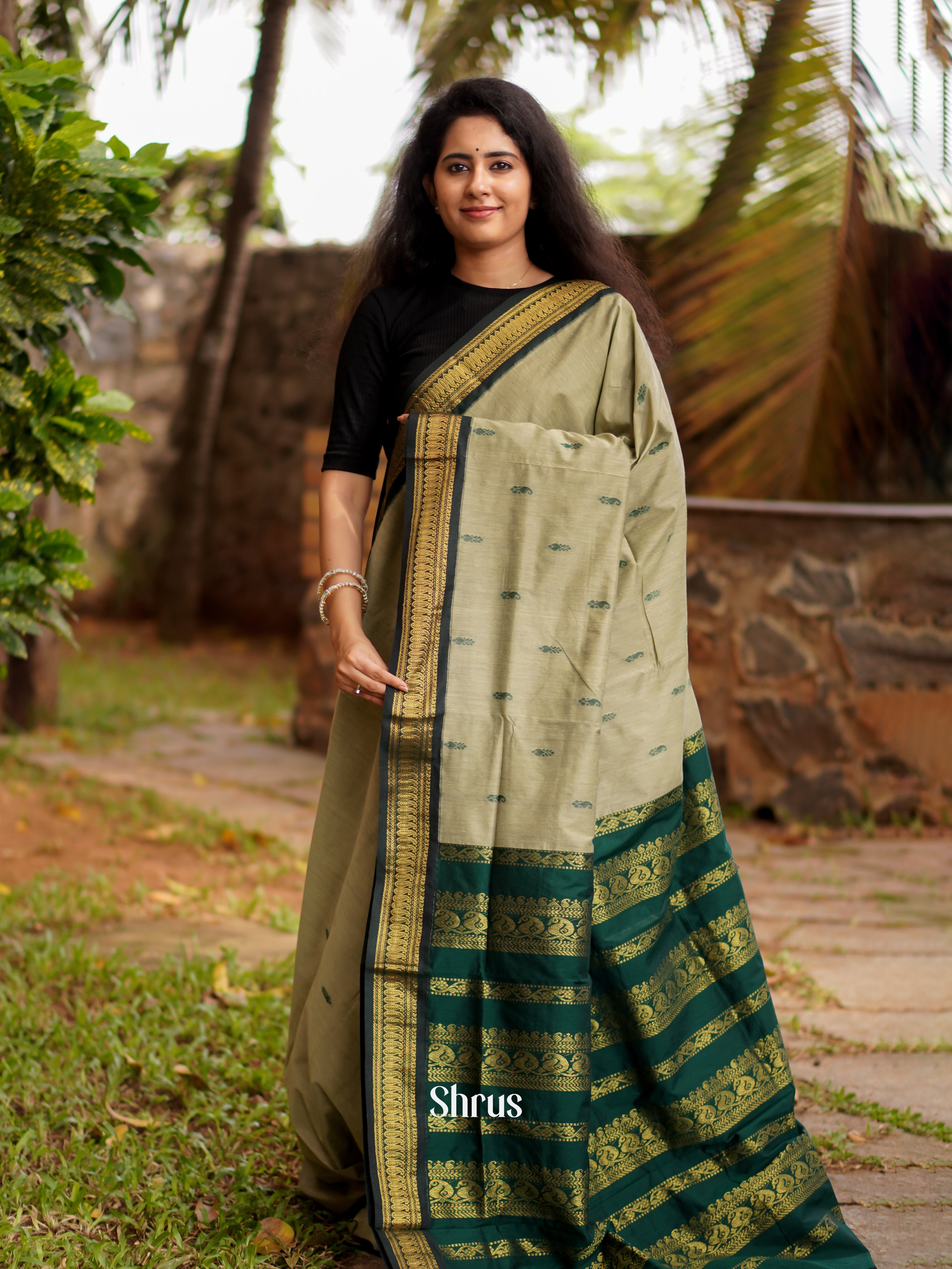 Grey Green  & Green - Kalyani Cotton Saree