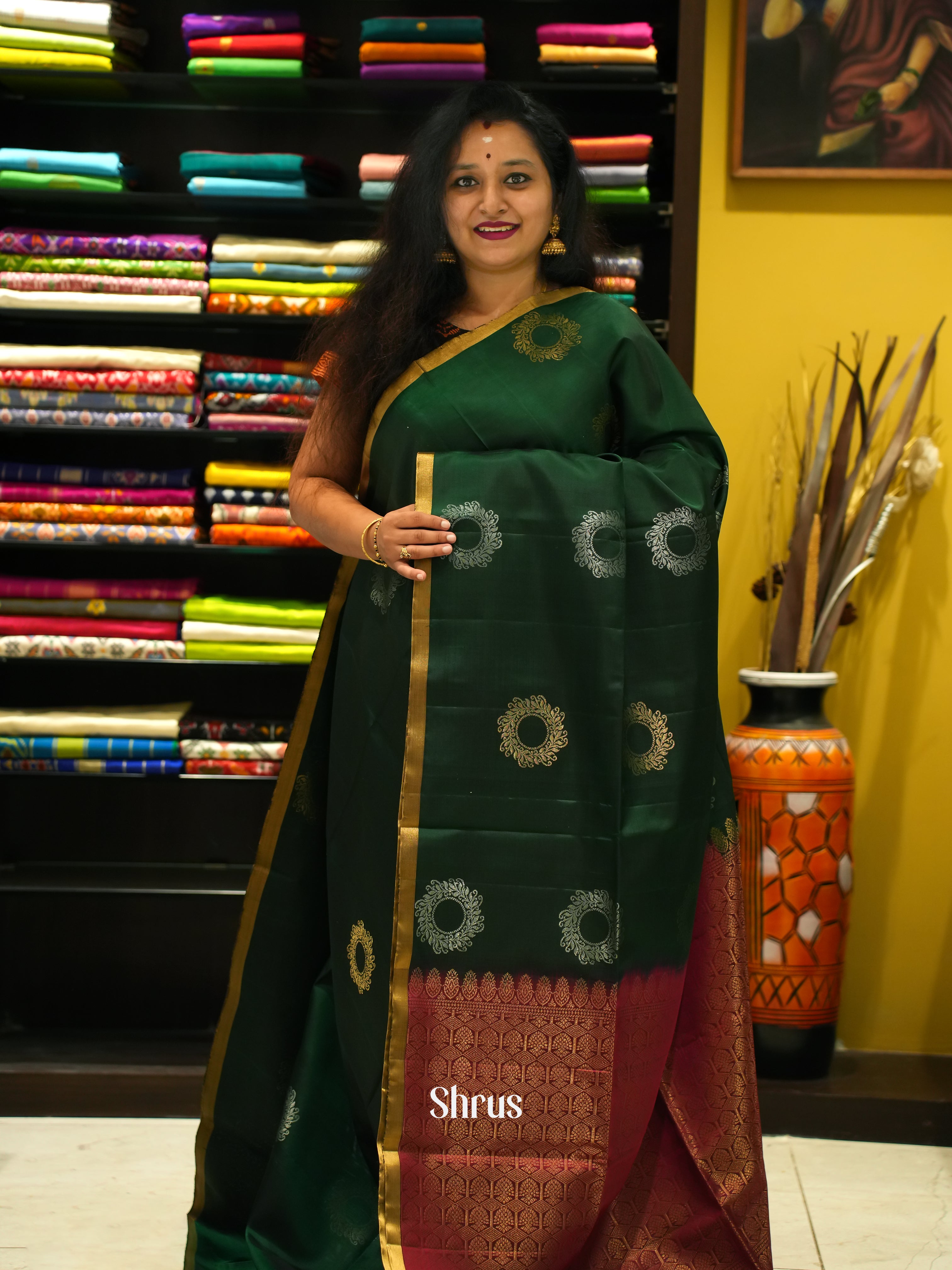 Green & Maroon - Soft Silk Saree - Shop on ShrusEternity.com