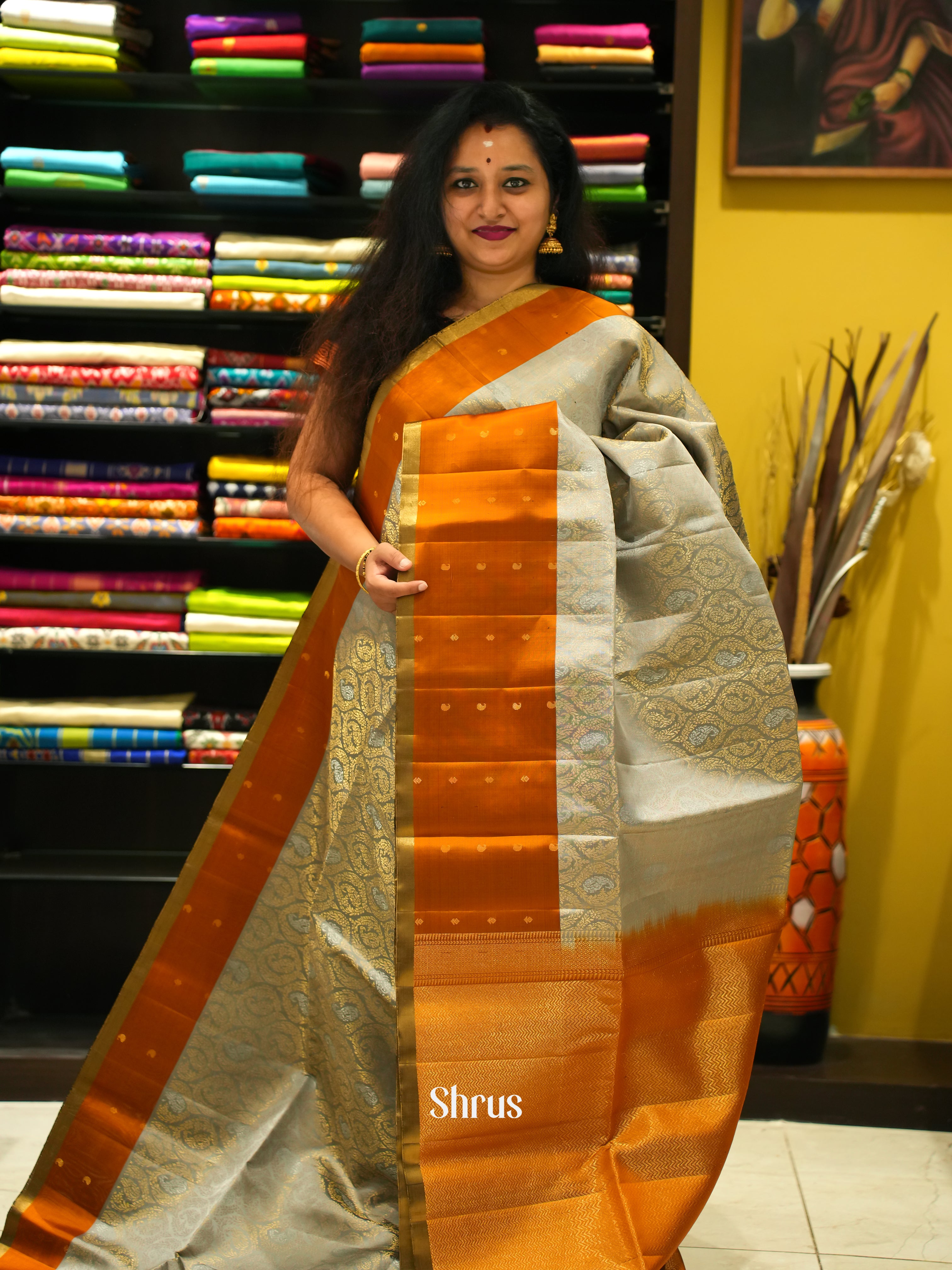 Grey & Brick Orange - Soft Silk Saree - Shop on ShrusEternity.com