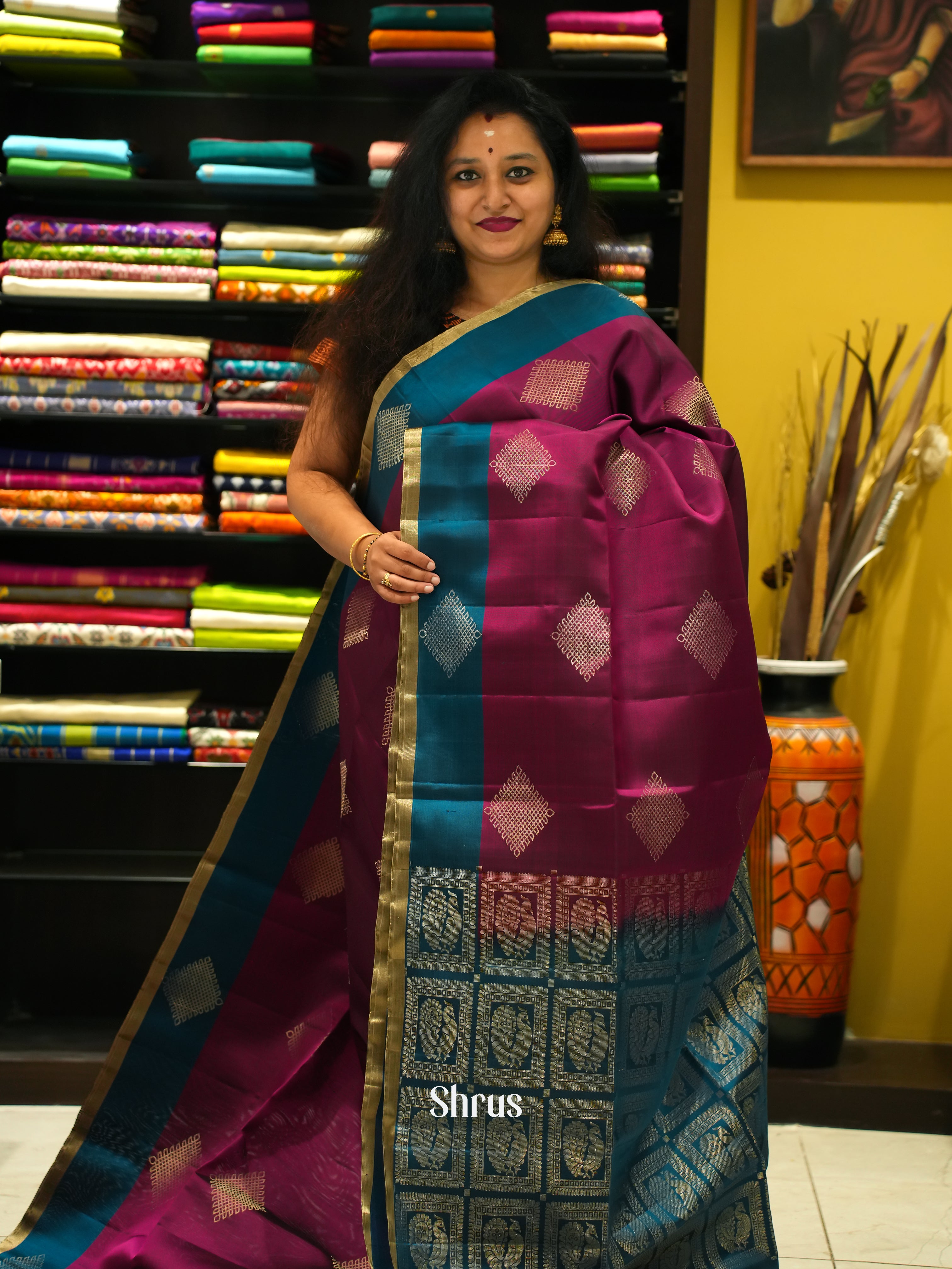 Wine & Blue - Soft Silk Saree - Shop on ShrusEternity.com