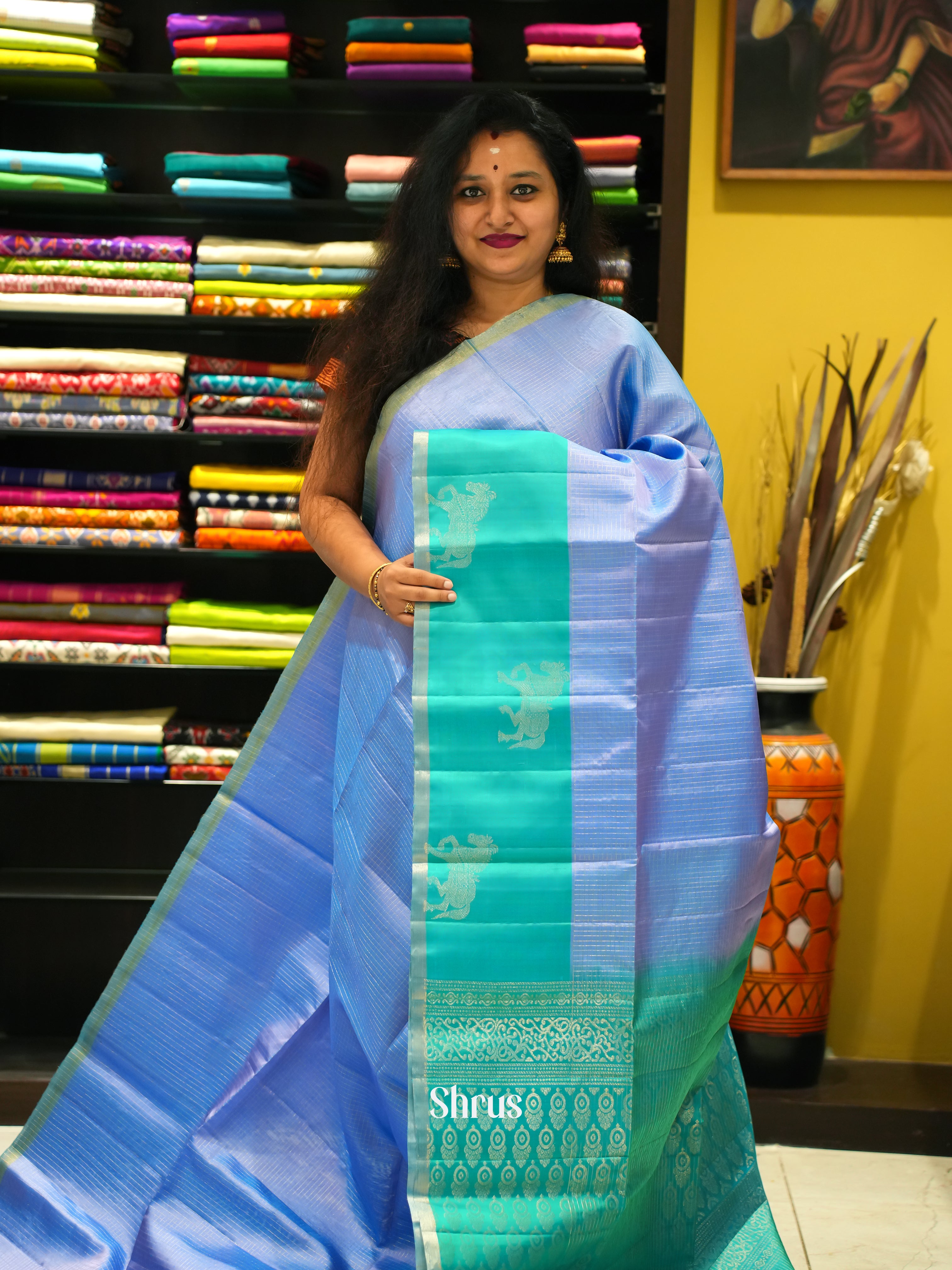 Blue & Green - Soft Silk Saree - Shop on ShrusEternity.com