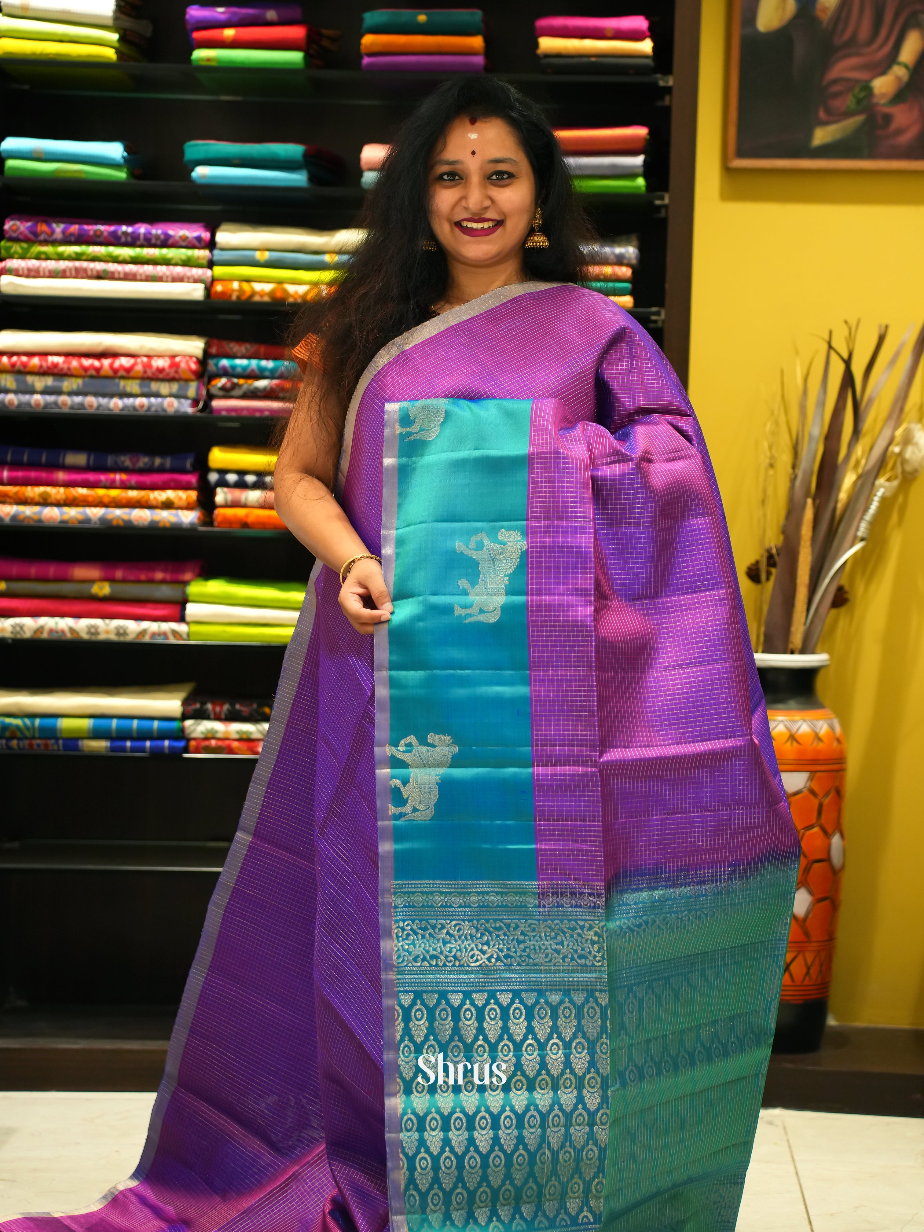 Purple & Blue- Soft Silk Saree - Shop on ShrusEternity.com