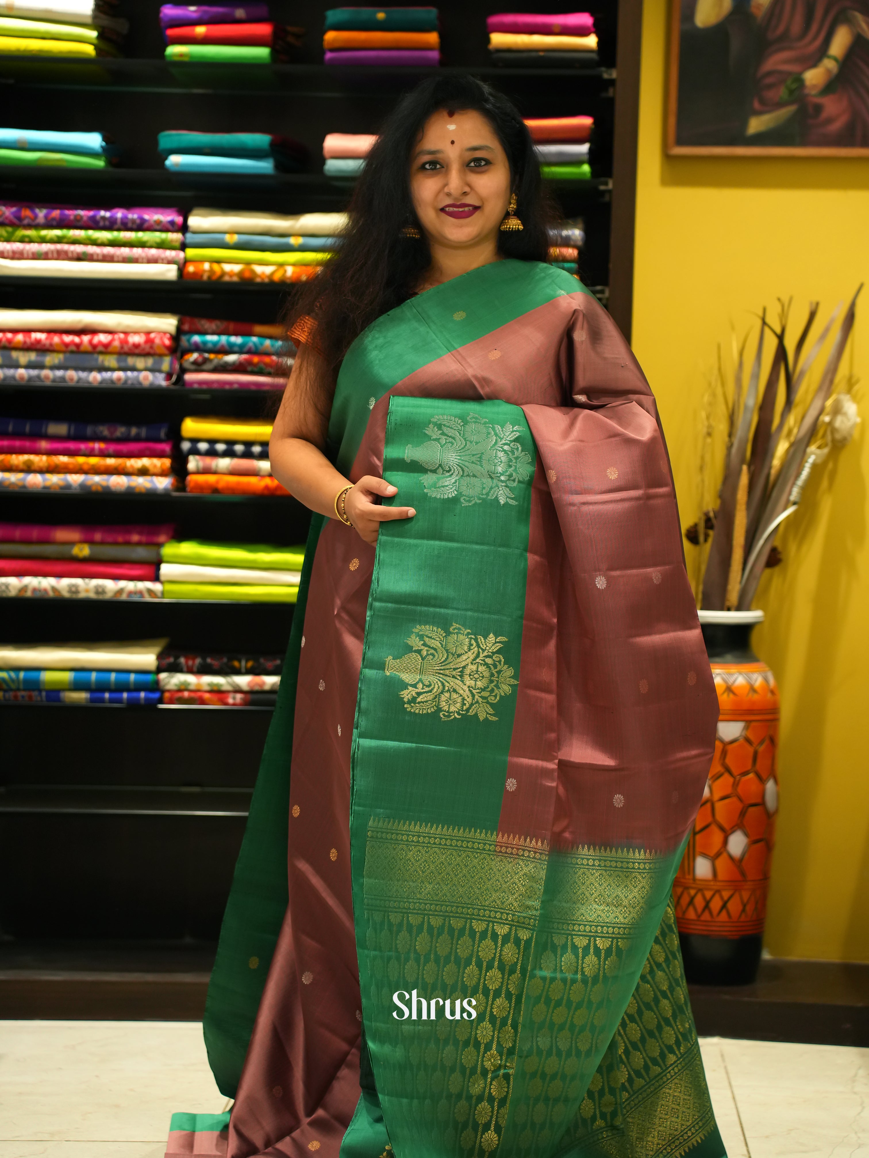 Brown & Green - Soft Silk Saree - Shop on ShrusEternity.com