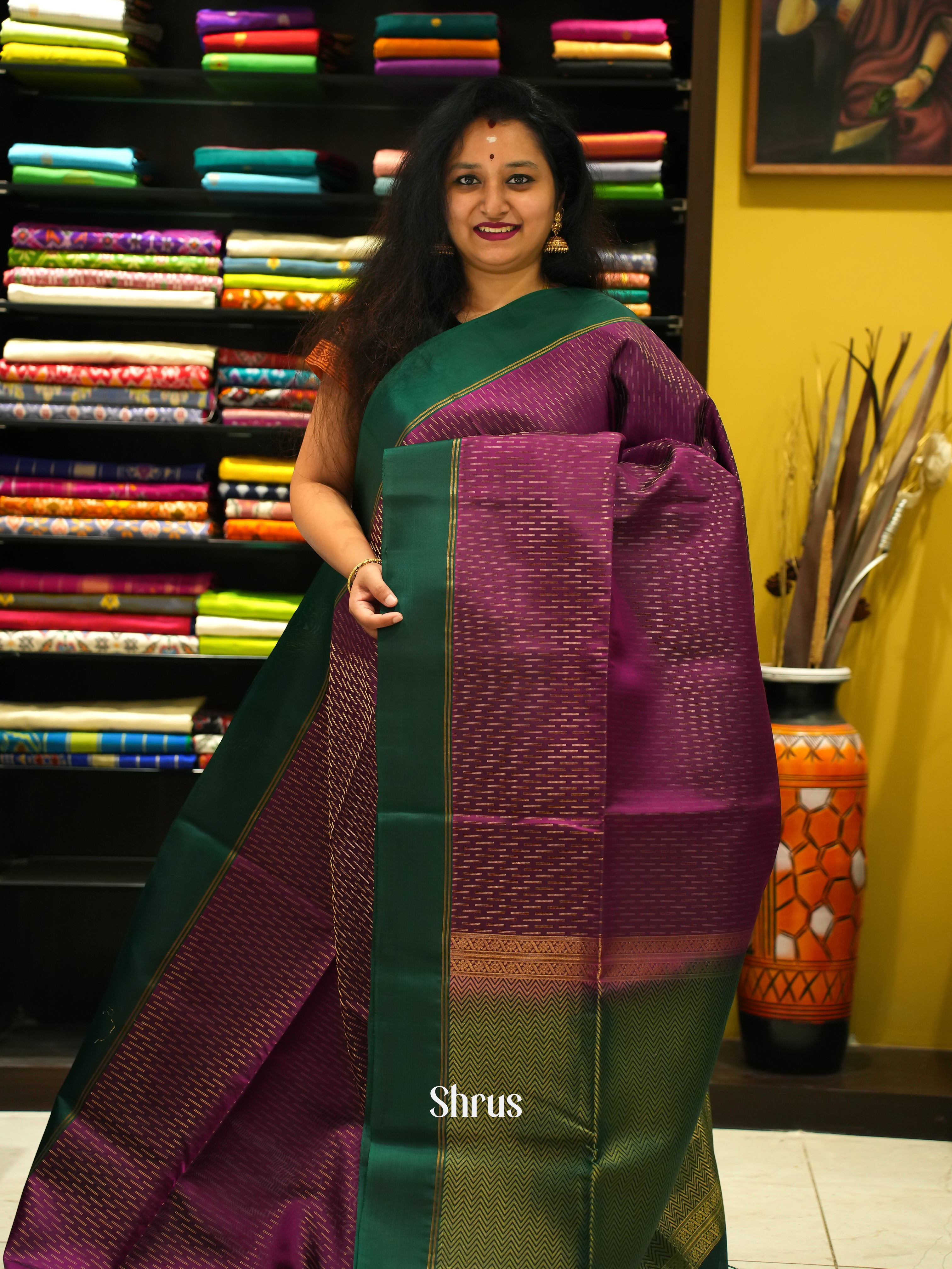 Wine & Green - Soft Silk Saree - Shop on ShrusEternity.com