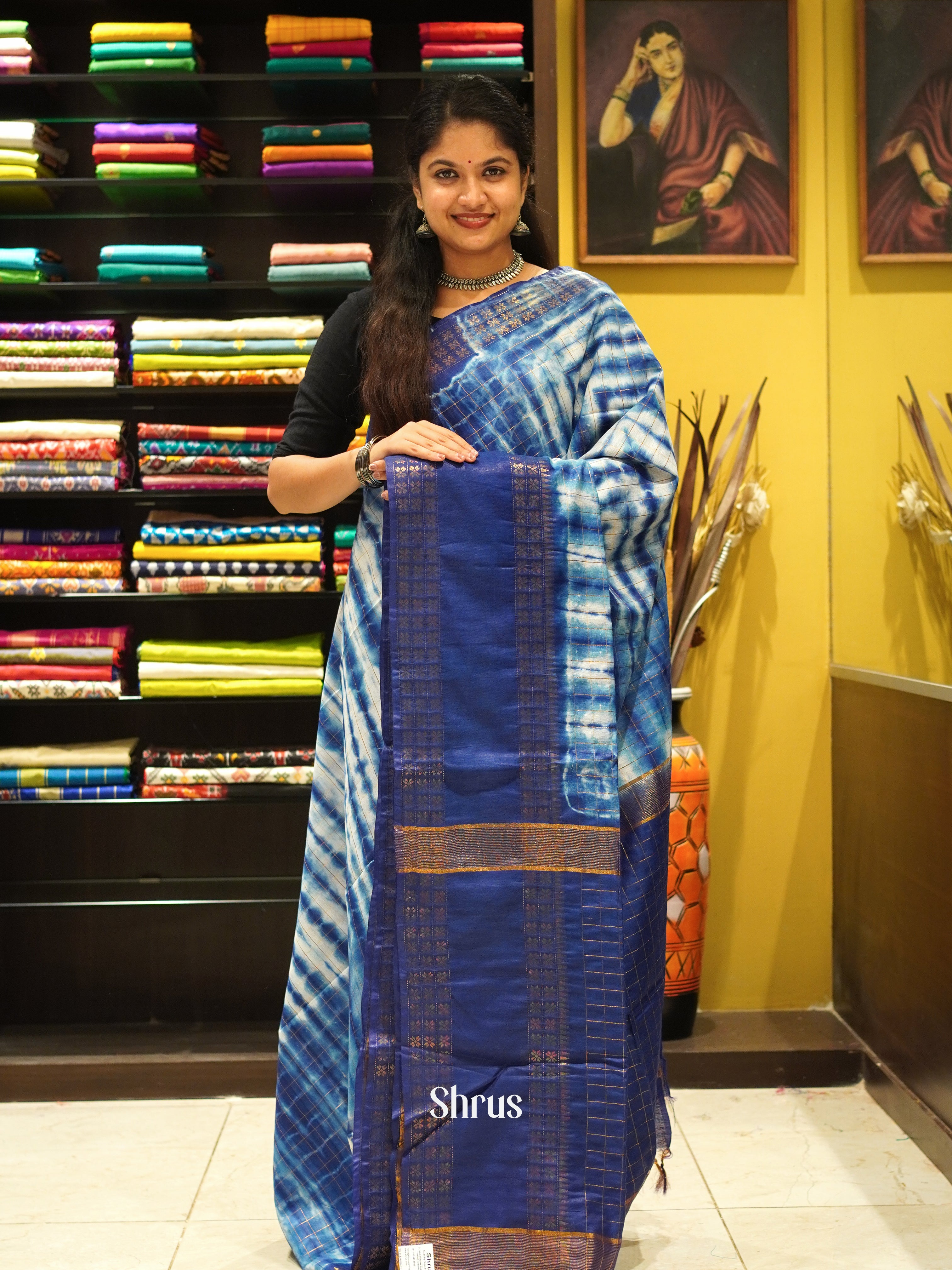 Cream & Blue - Shibori Saree - Shop on ShrusEternity.com