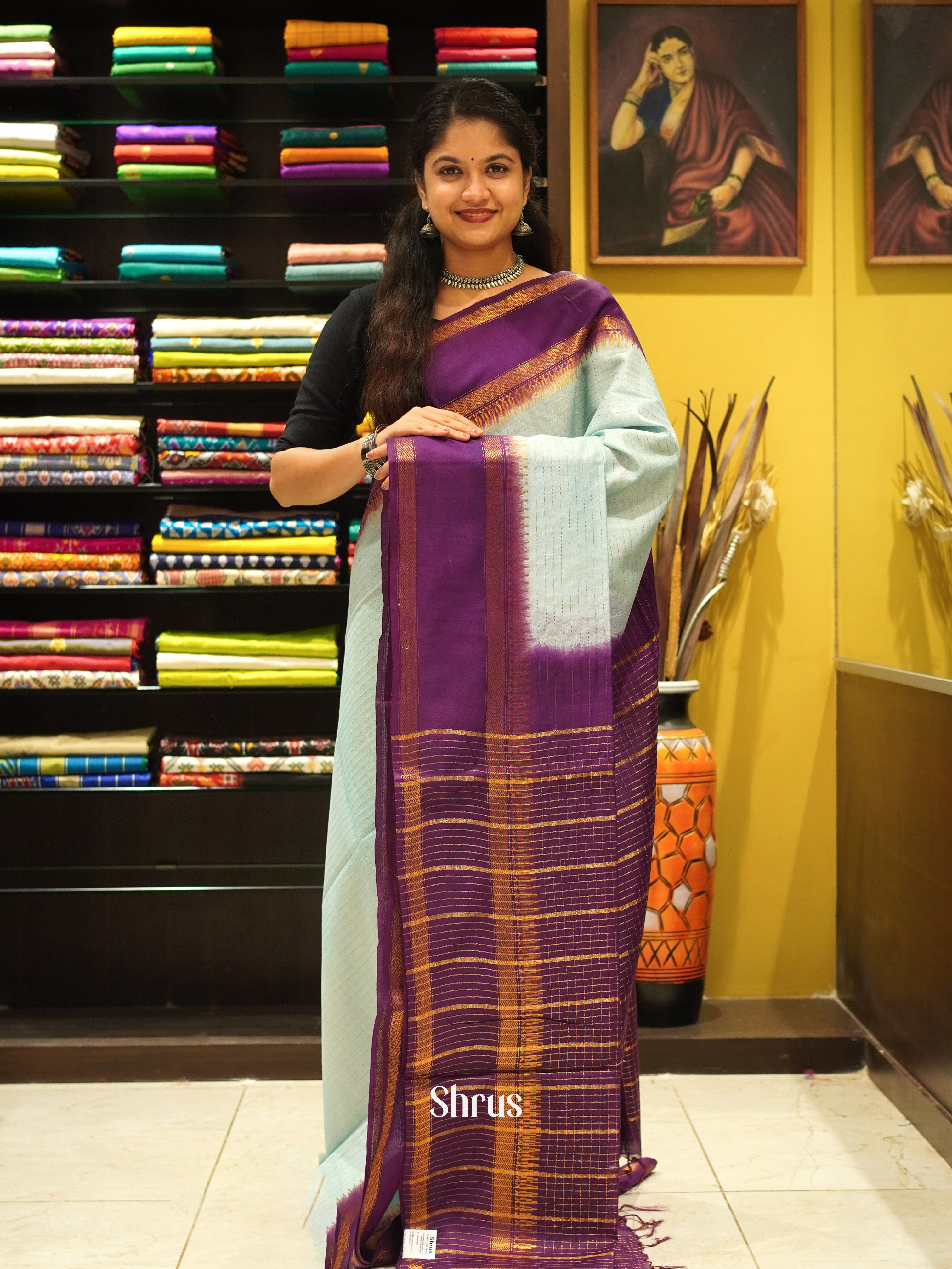 Blue & Purple - Semi Tussar Saree - Shop on ShrusEternity.com