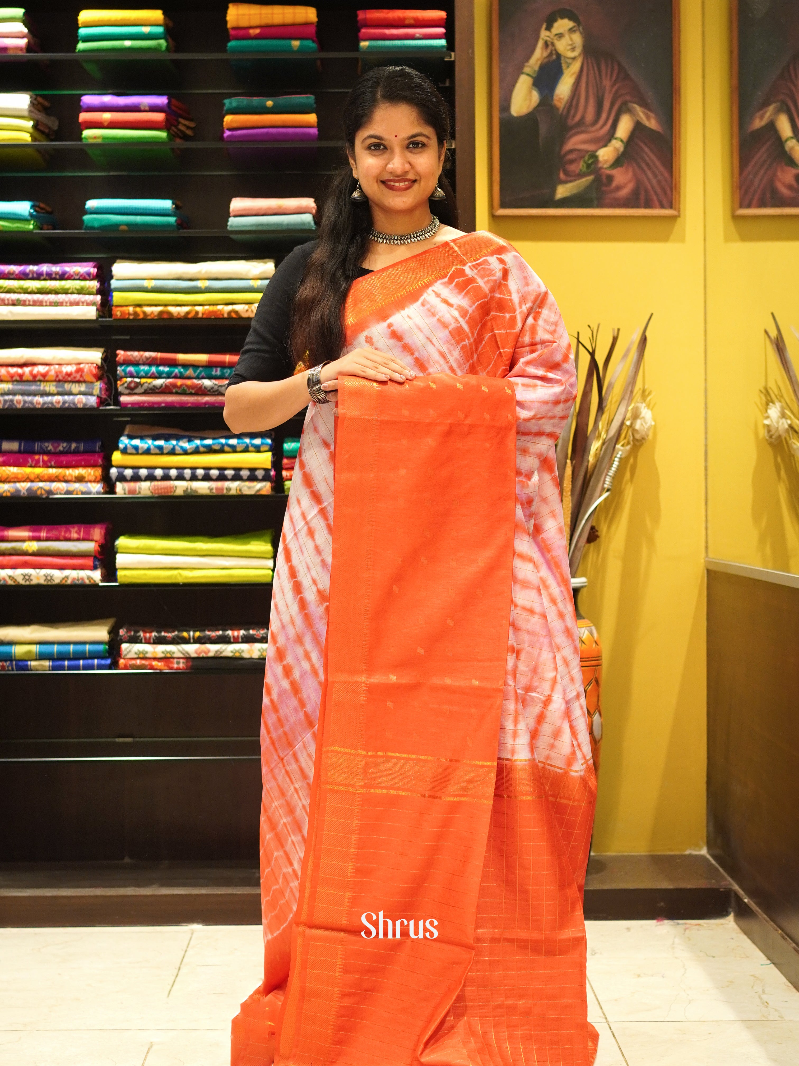 Cream & Orange  - Shibori Saree - Shop on ShrusEternity.com