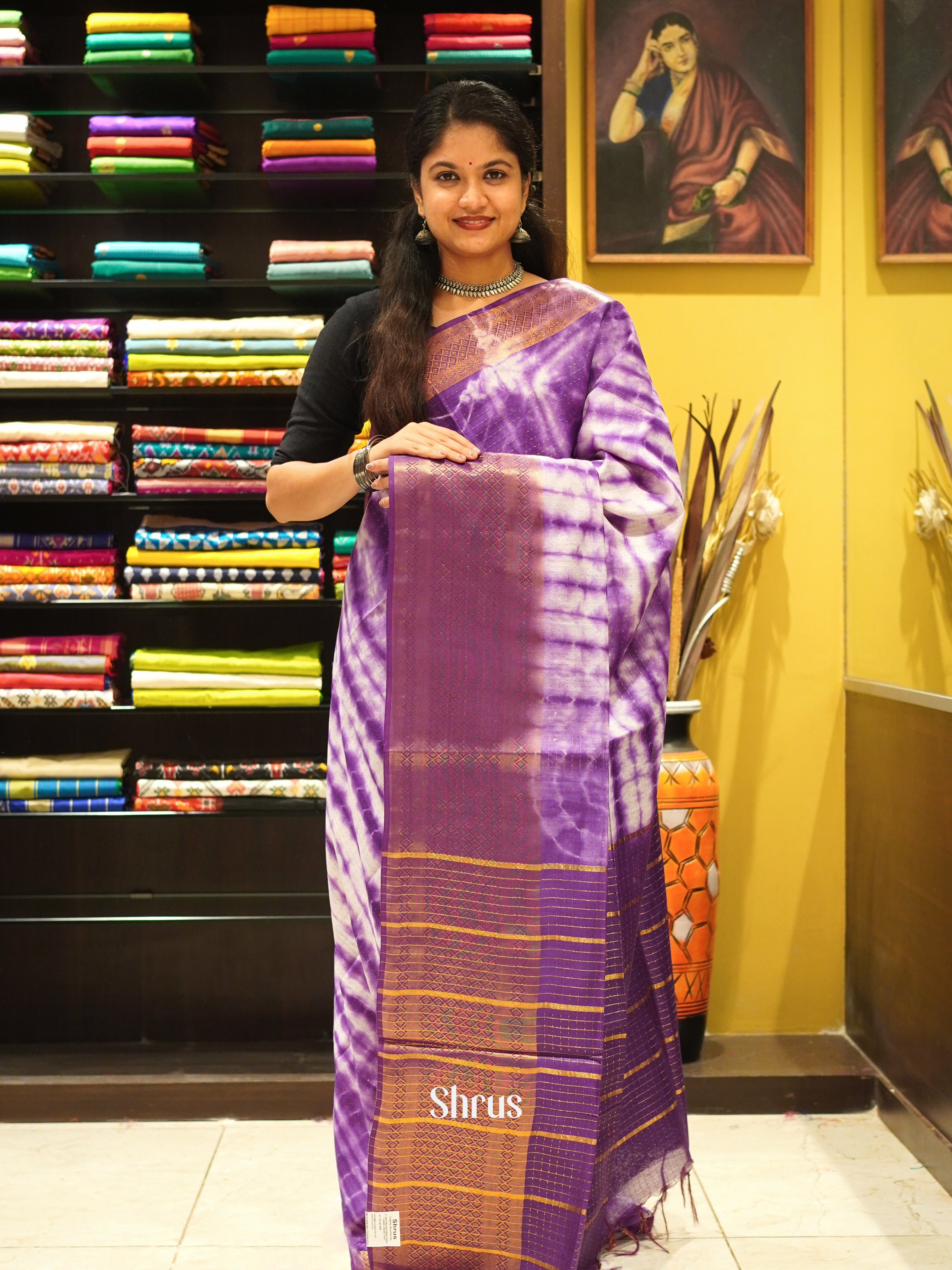 Cream & Purple - Shibori Saree - Shop on ShrusEternity.com