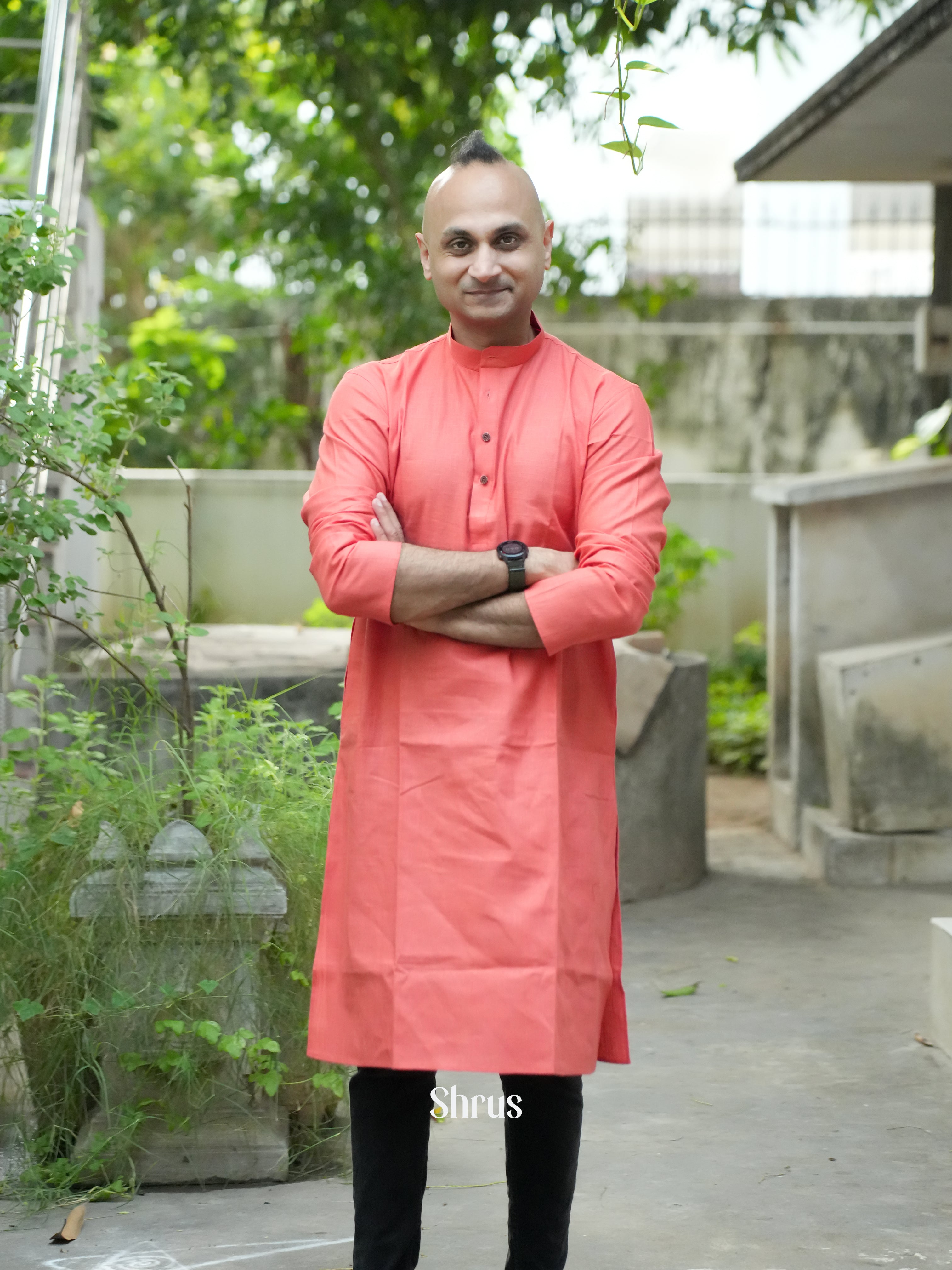 Orangish Pink - Readymade Mens Kurta - Shop on ShrusEternity.com