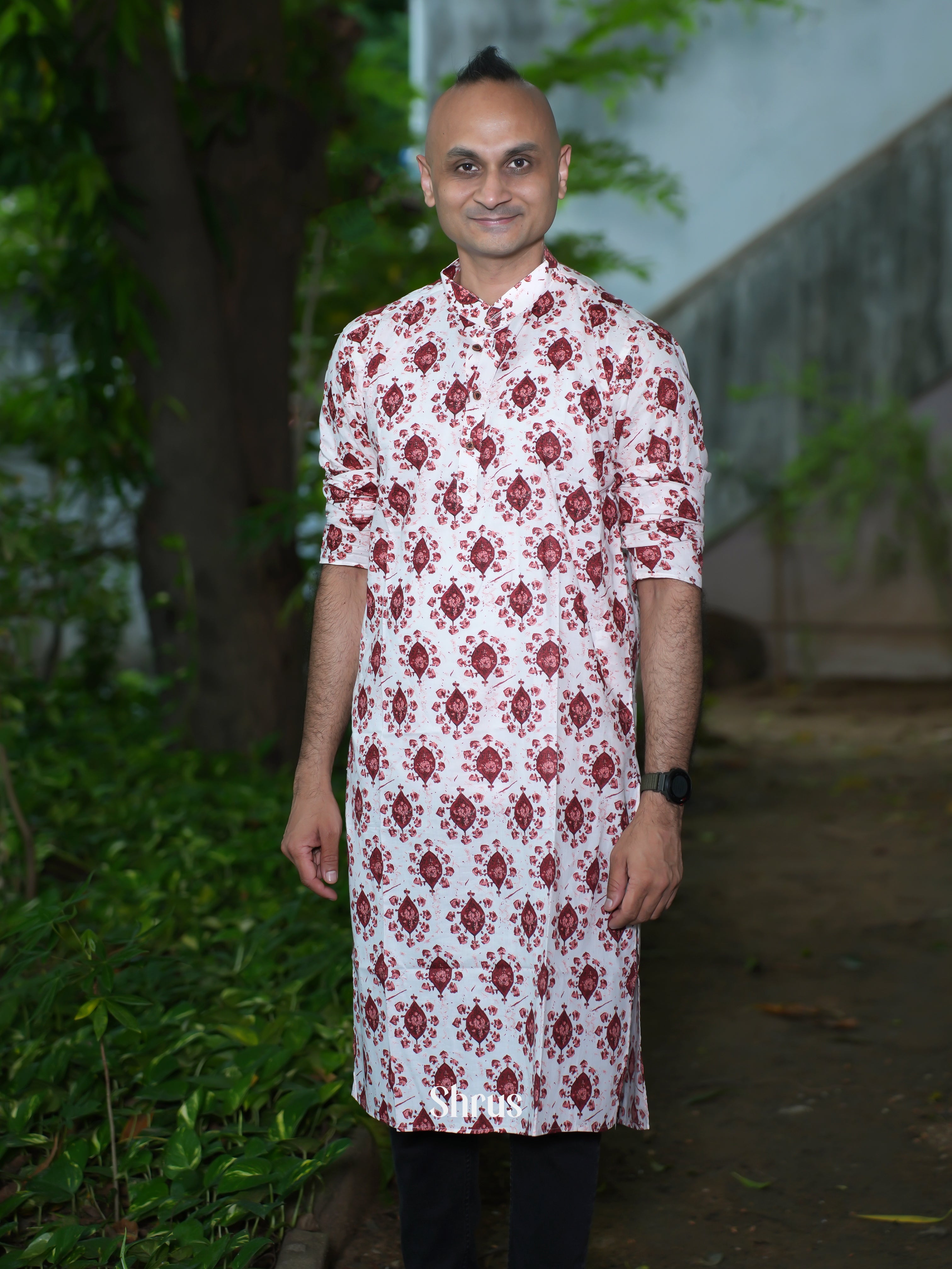 White & Maroon - Readymade Mens Kurta