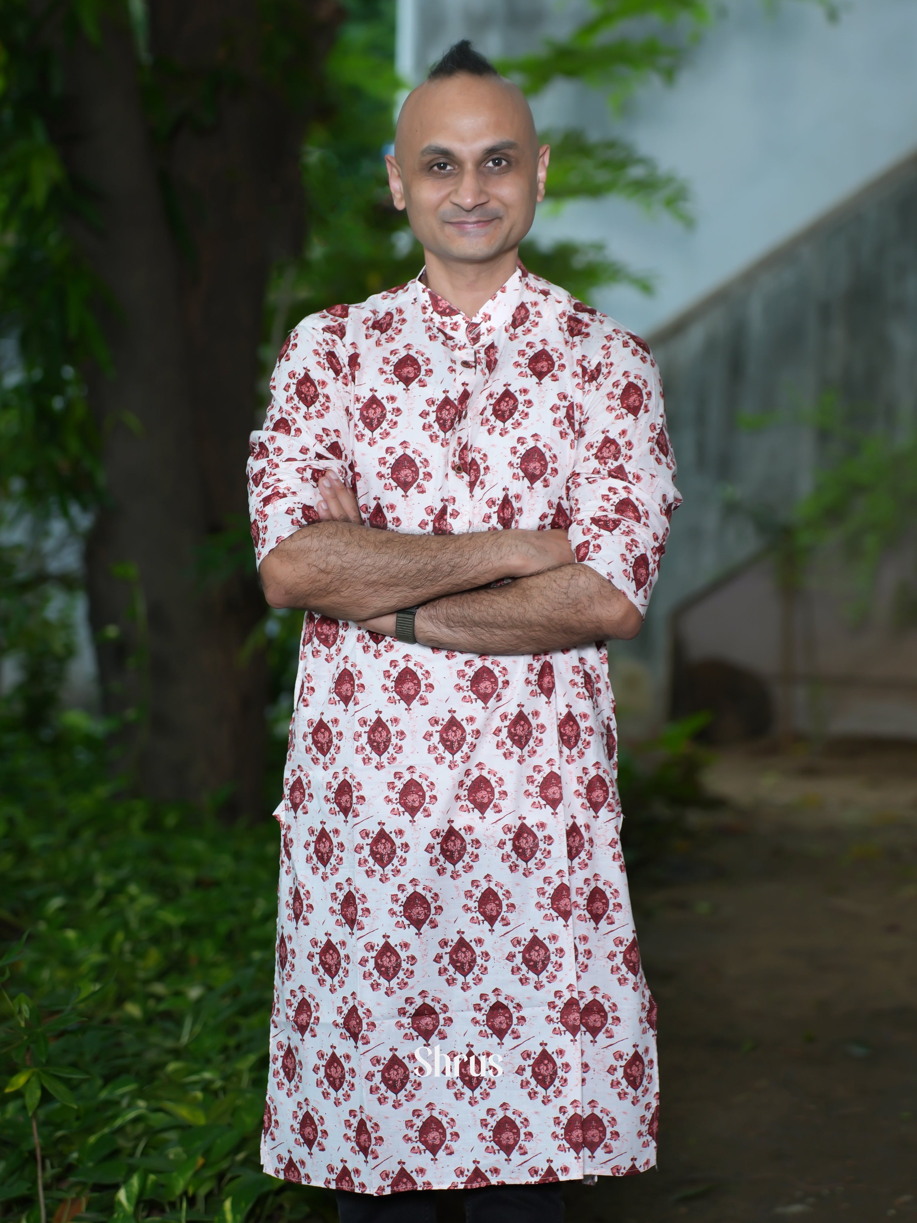 White & Maroon - Readymade Mens Kurta