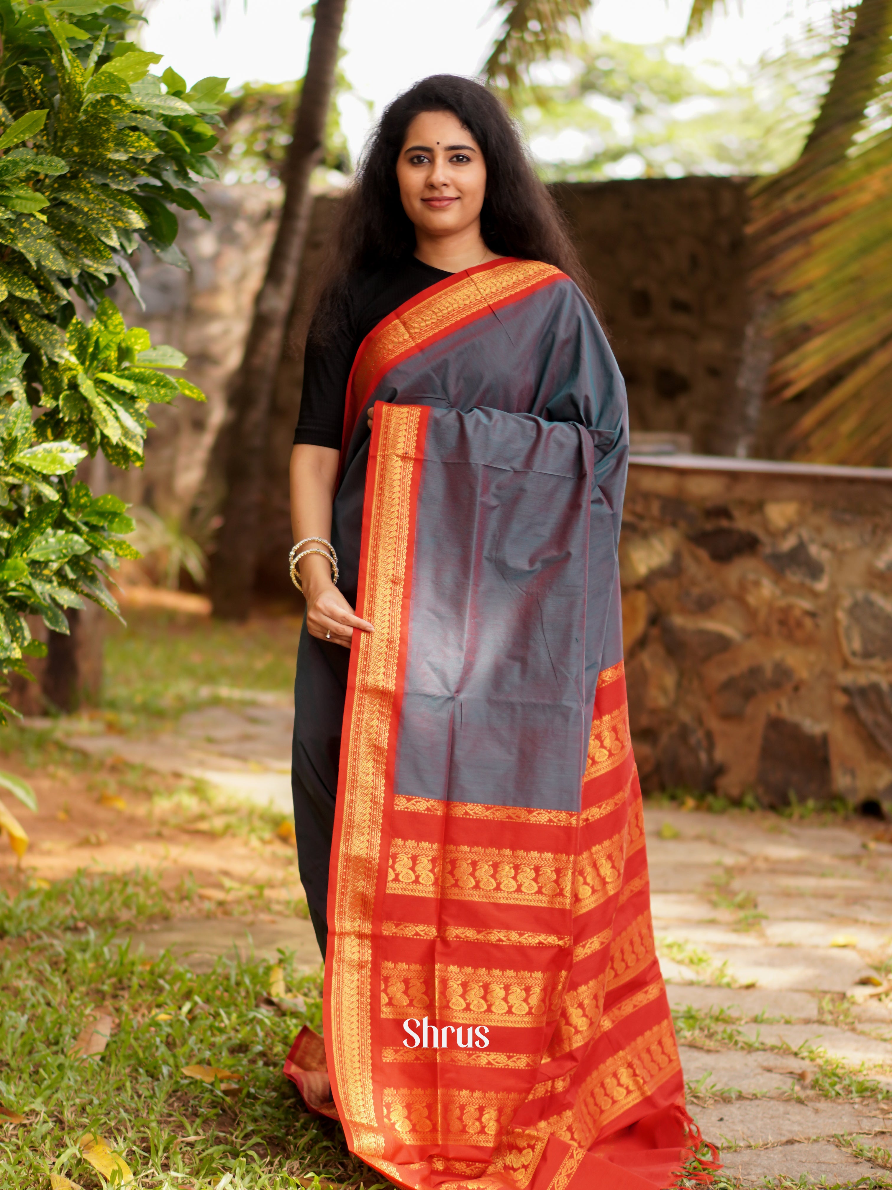 Double Shaded Blue & Red - Kalyani Cotton Saree