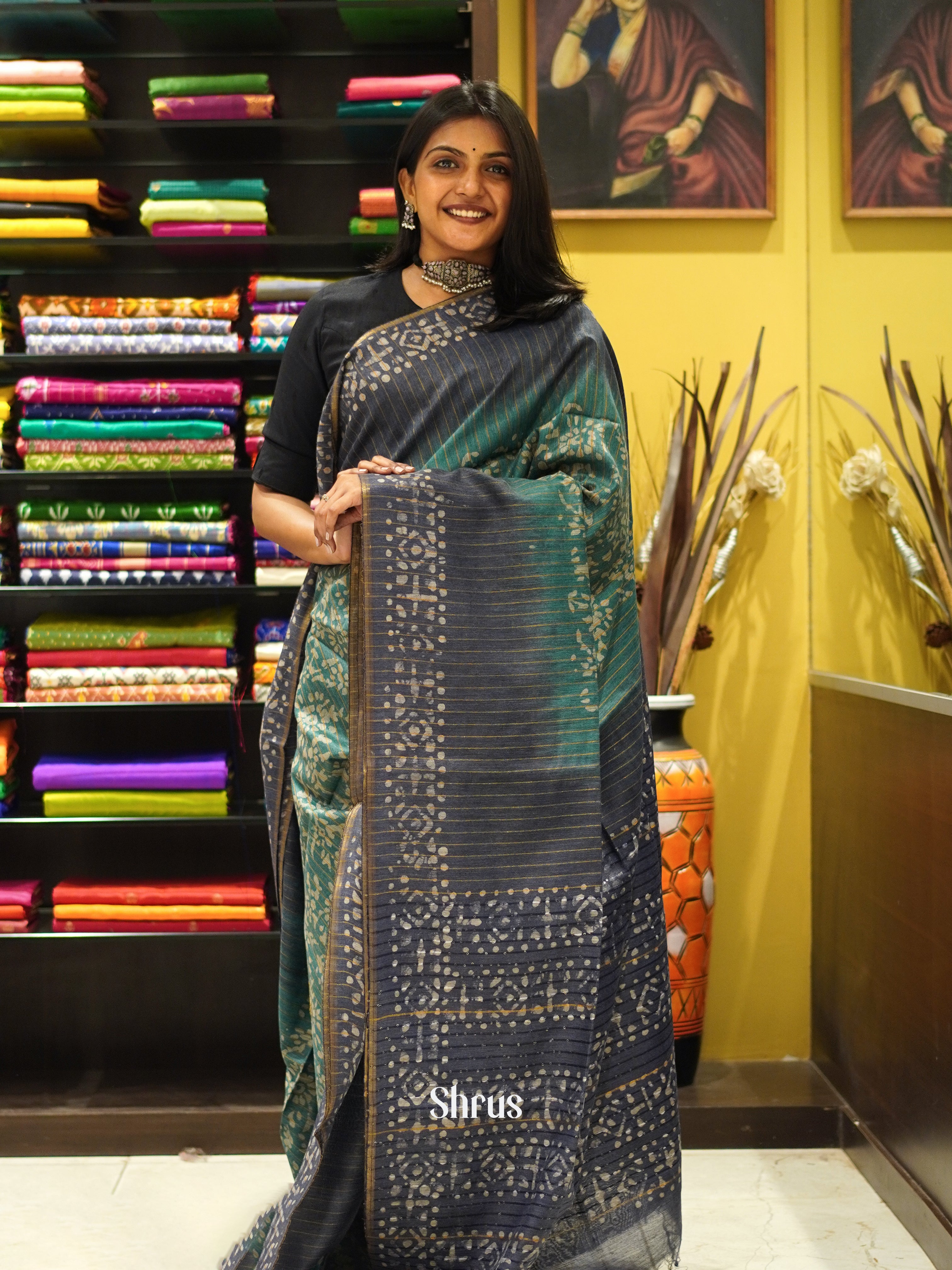 Teal & Greyish Blue- Bhatik Saree - Shop on ShrusEternity.com