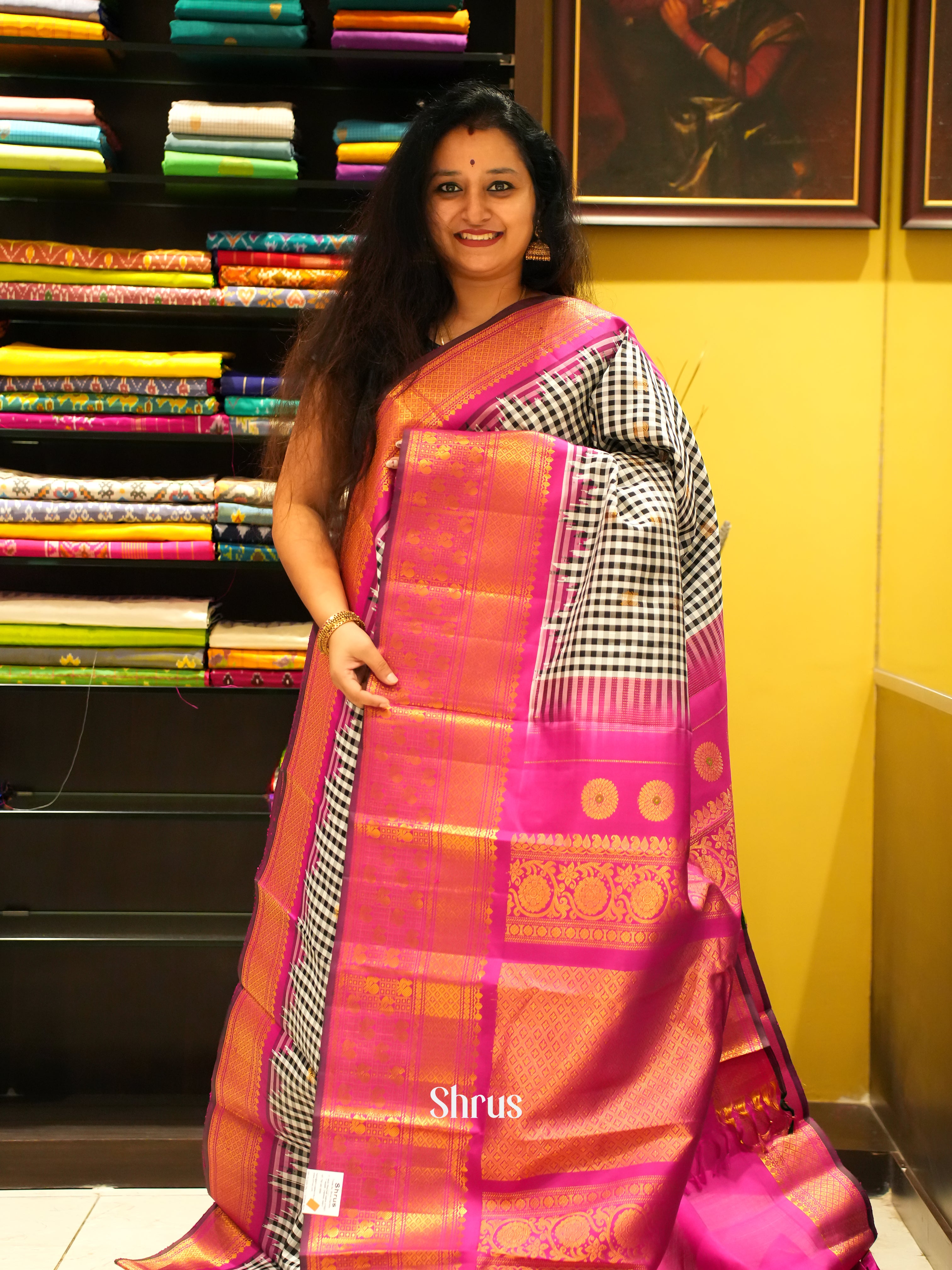 Cream , Black & Pink - Gadwal Silk Saree