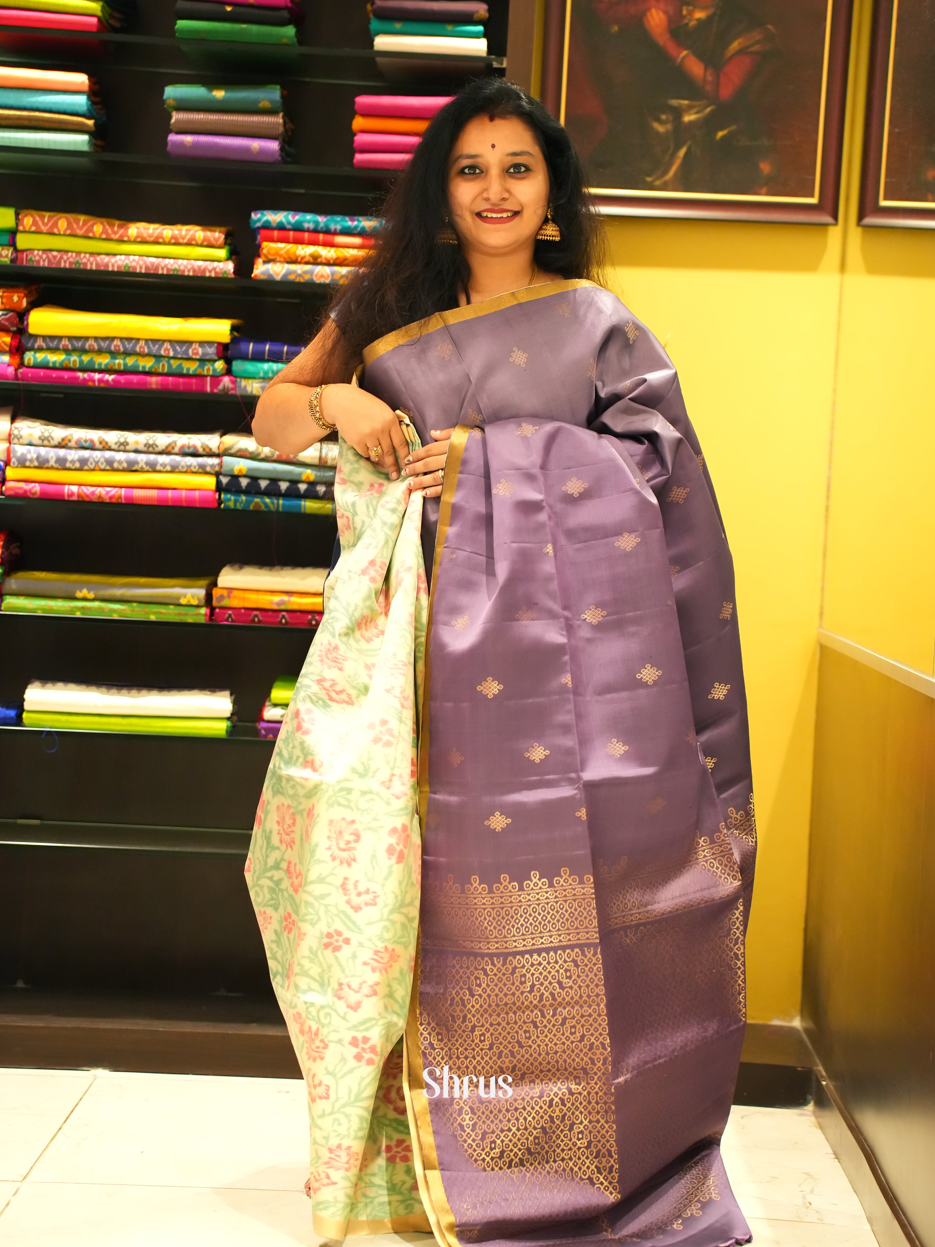 Purple & Cream - Soft Silk Saree