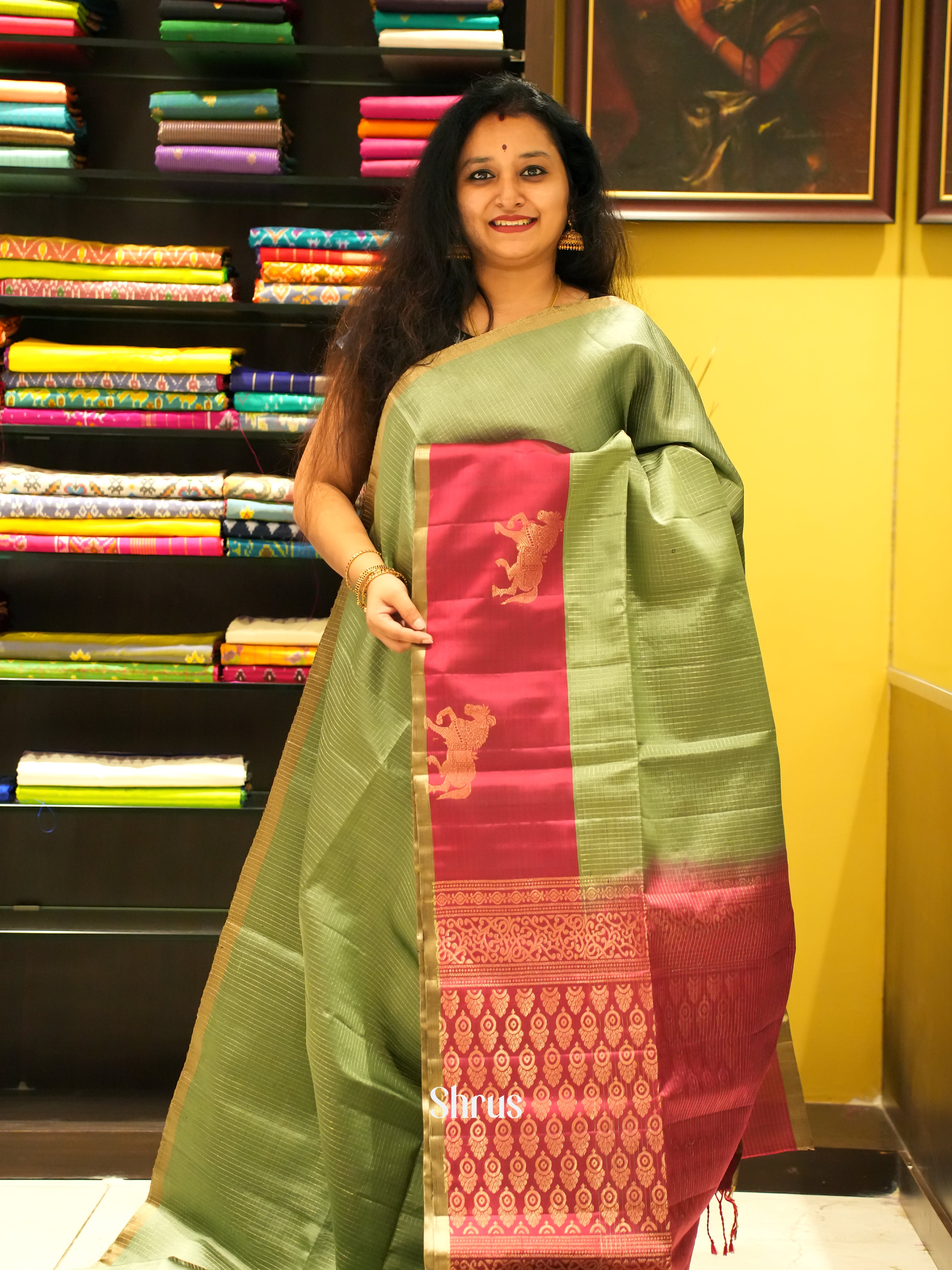 Green & Orangish Pink - Soft Silk Saree