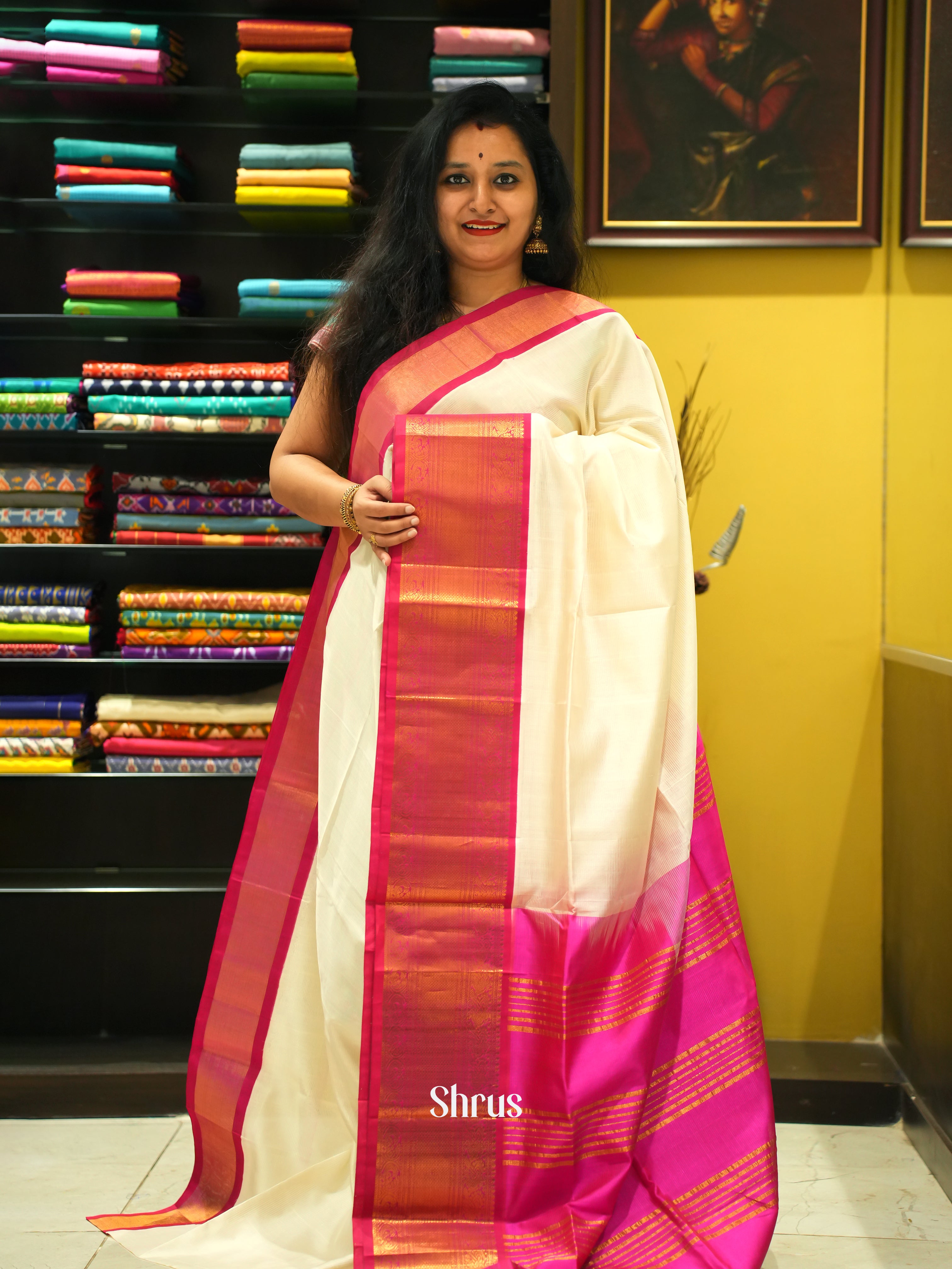 Cream & Pink - Silk Cotton Saree