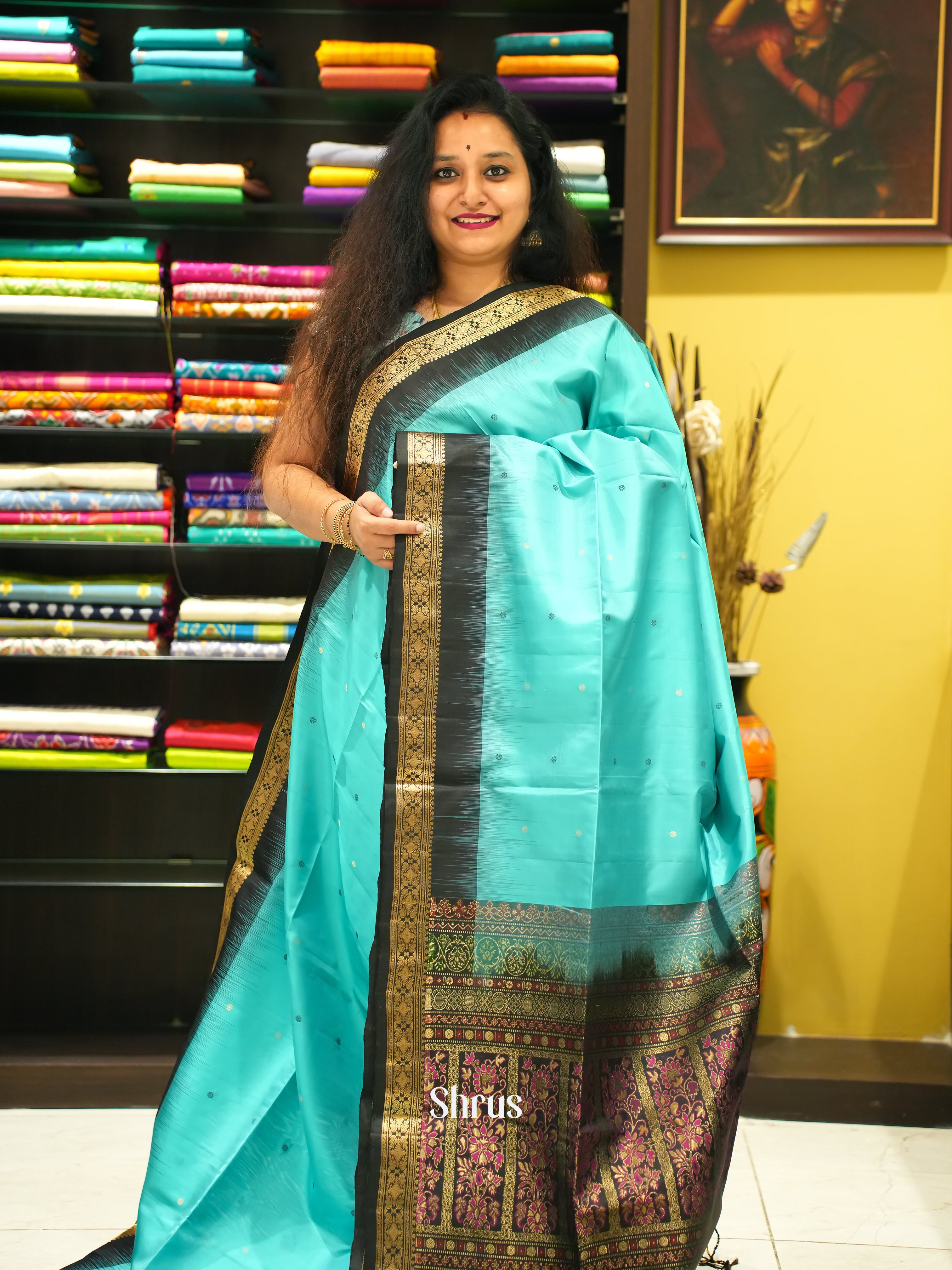 Teal Blue & Black- Soft Silk Saree - Shop on ShrusEternity.com