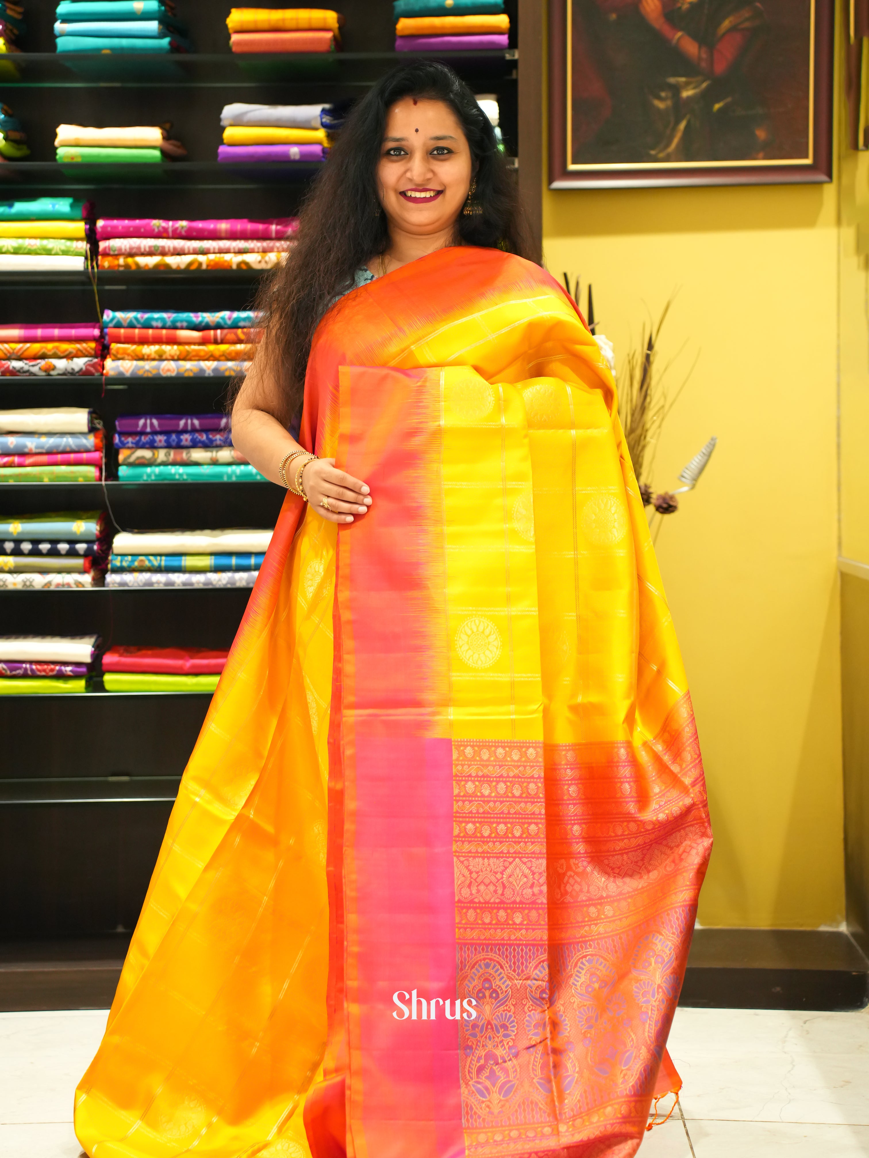 Yellow & Orangish Pink  - soft Silk Saree - Shop on ShrusEternity.com