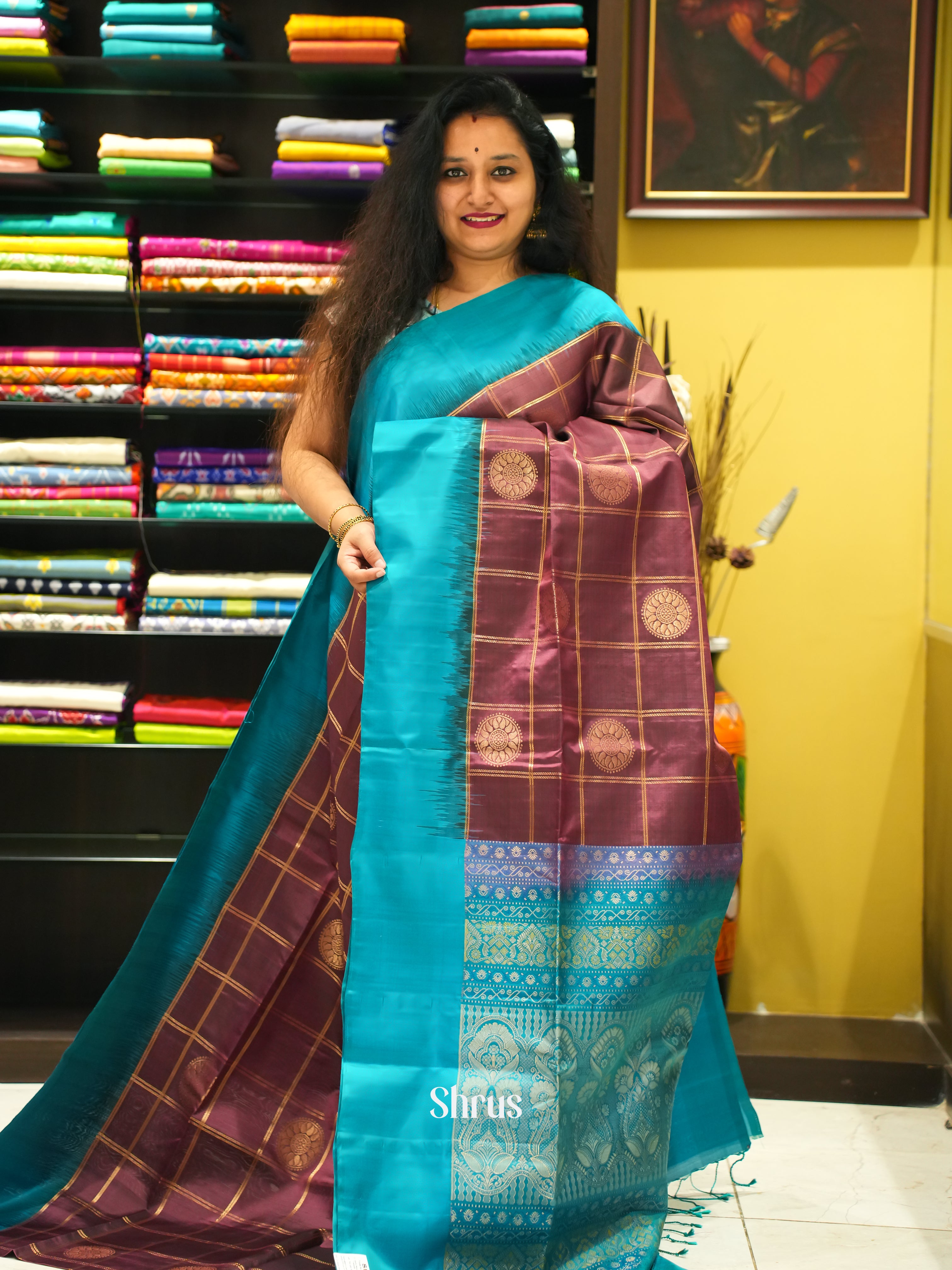 Brown & Blue - soft Silk Saree - Shop on ShrusEternity.com