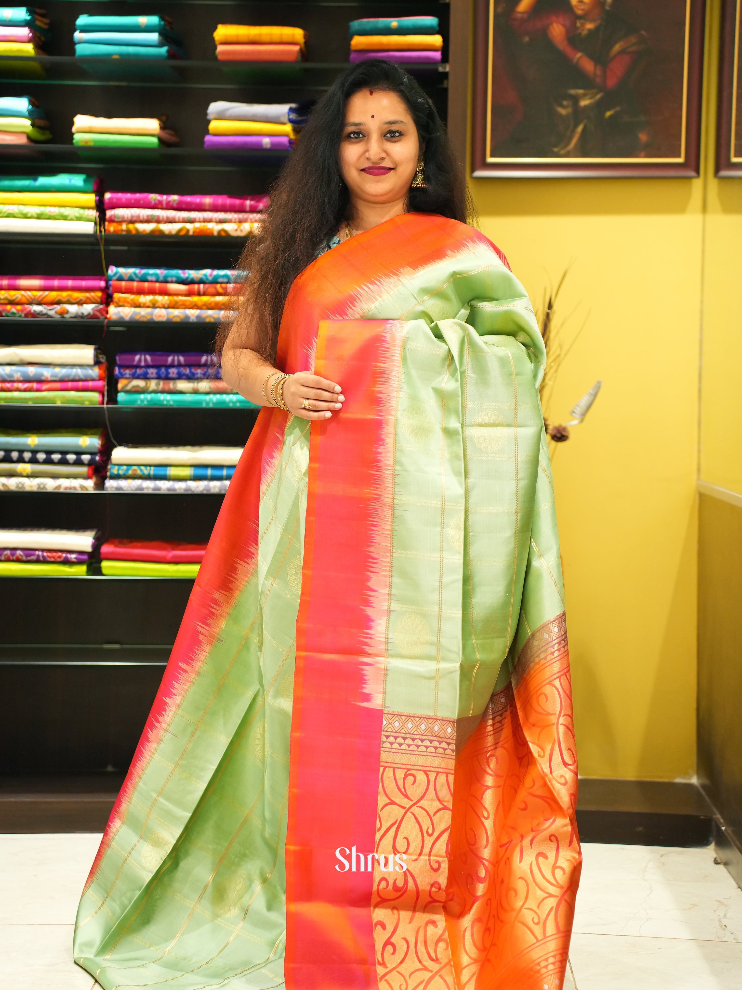 11a Pista Green & Orange - soft Silk Saree - Shop on ShrusEternity.com