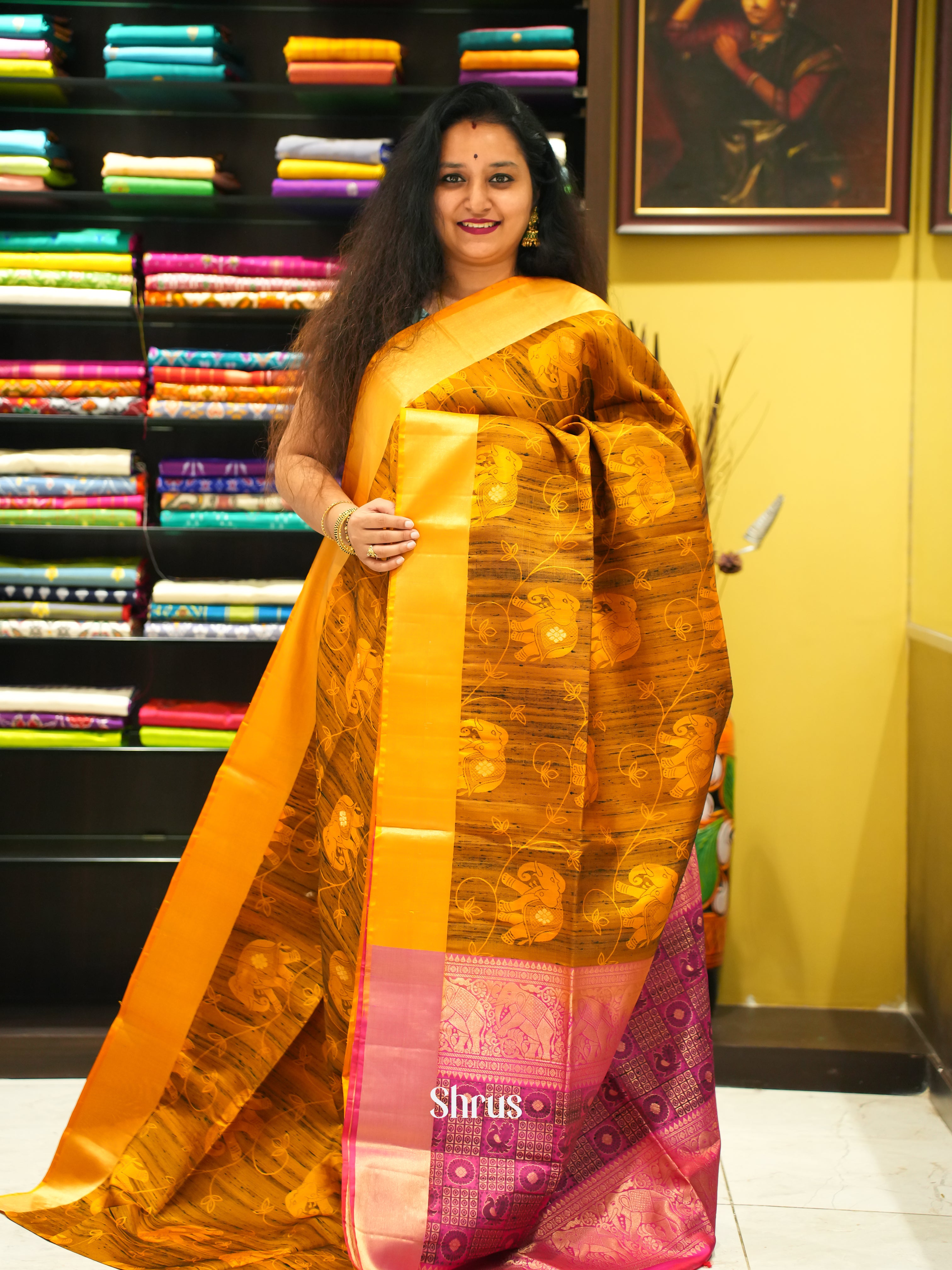 Mustard & Pink - soft Silk Saree - Shop on ShrusEternity.com