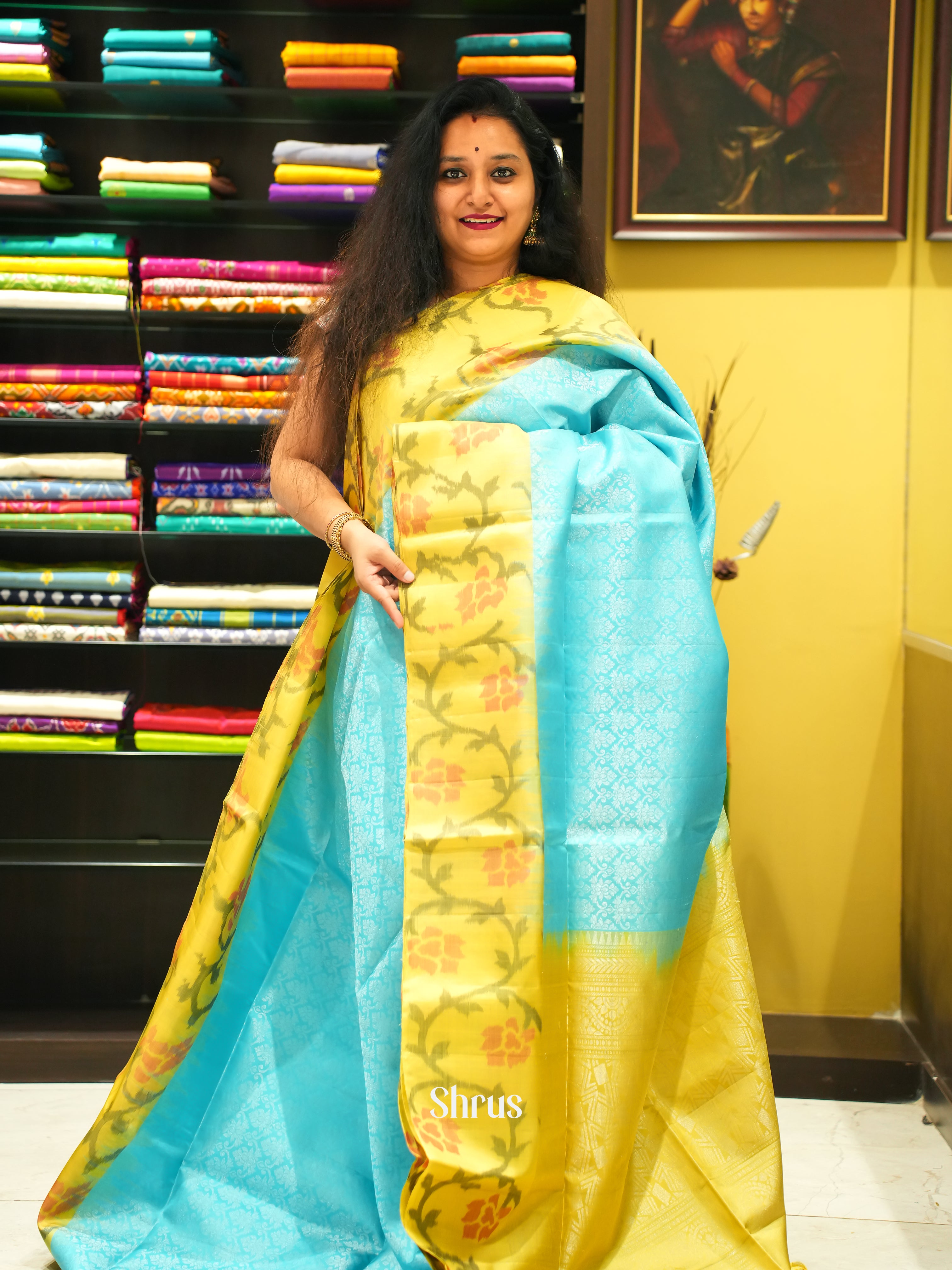 Sky Blue & Yellow - Soft Silk Saree - Shop on ShrusEternity.com