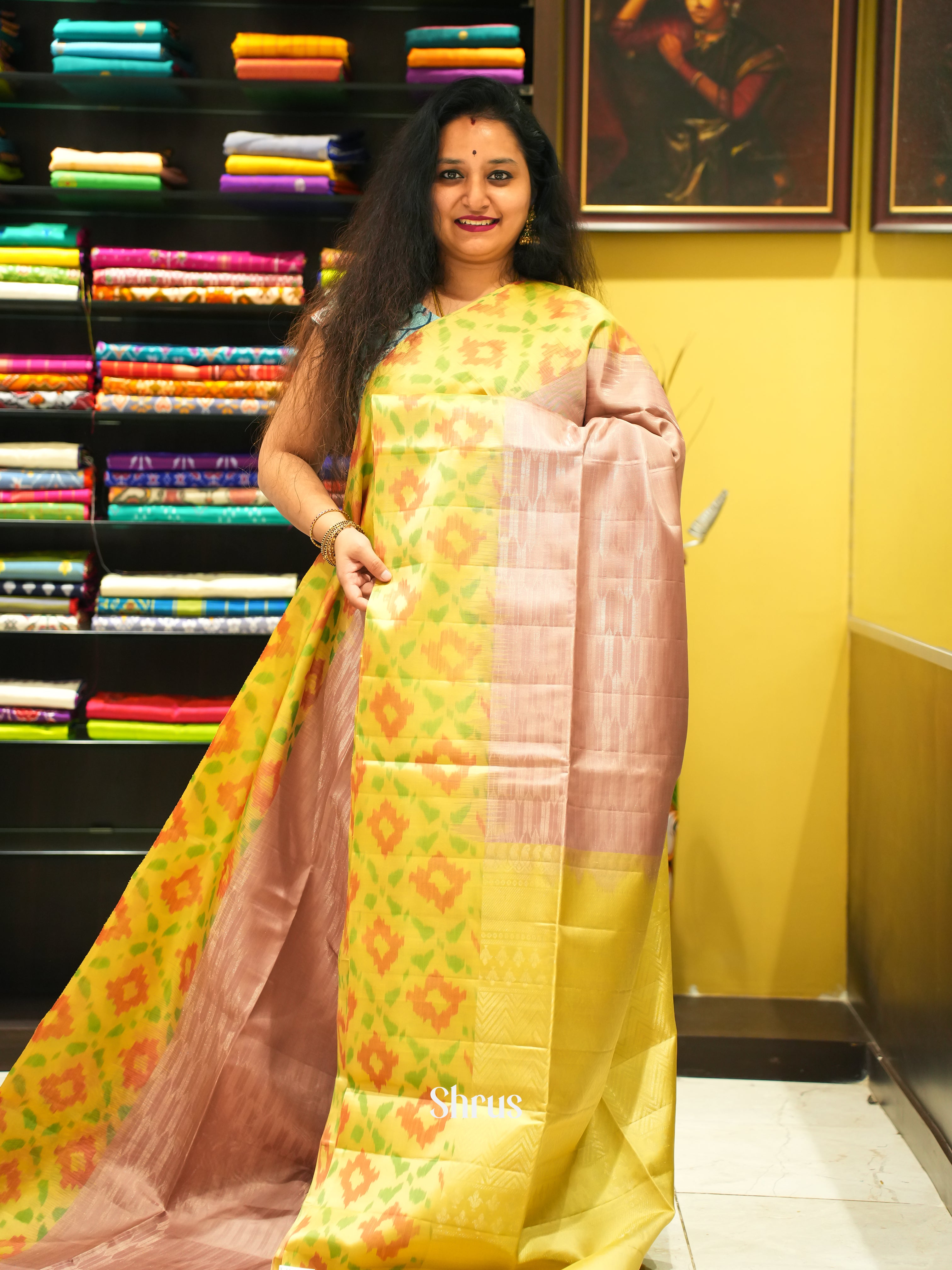 Light Onion pink & Yellow - Soft Silk Saree