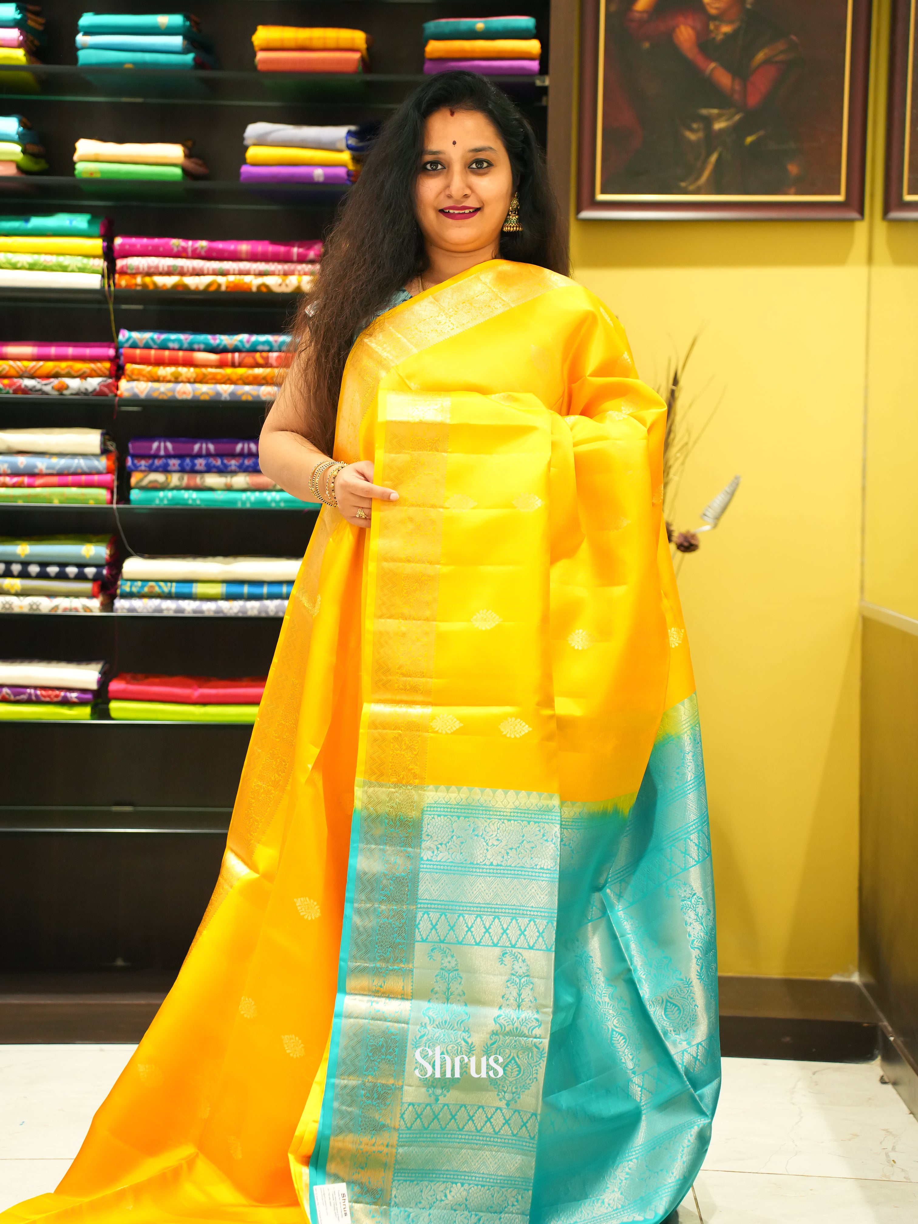 Yellow & Sky Blue - soft Silk Saree - Shop on ShrusEternity.com