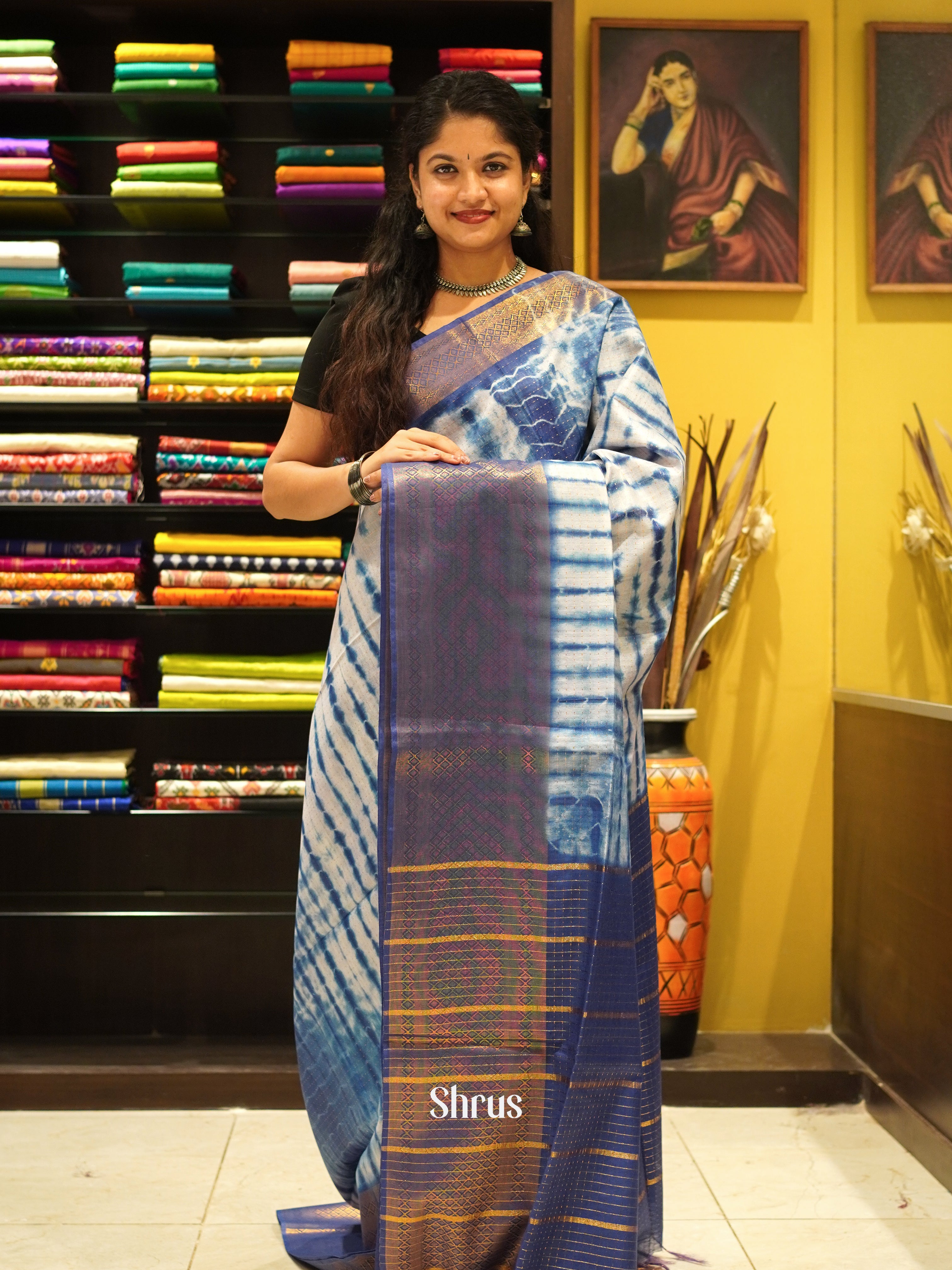 Cream & Blue - Shibori Saree - Shop on ShrusEternity.com