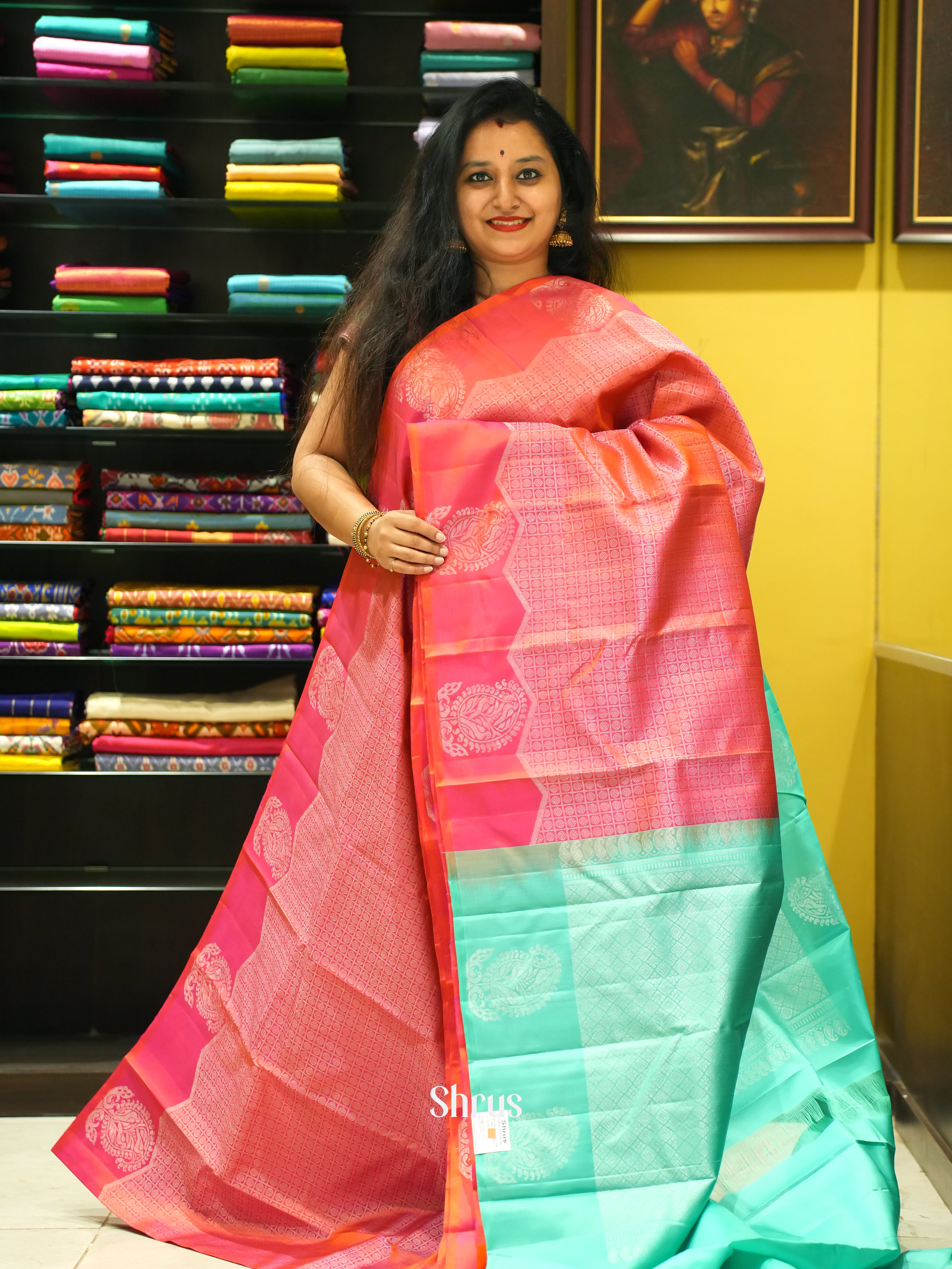 Red & Teal - Soft Silk Saree